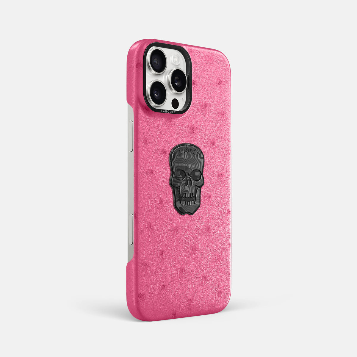 Pink iPhone 16 Pro Max Classic Case Ostrich with Black Metal -2 | Pink-Black