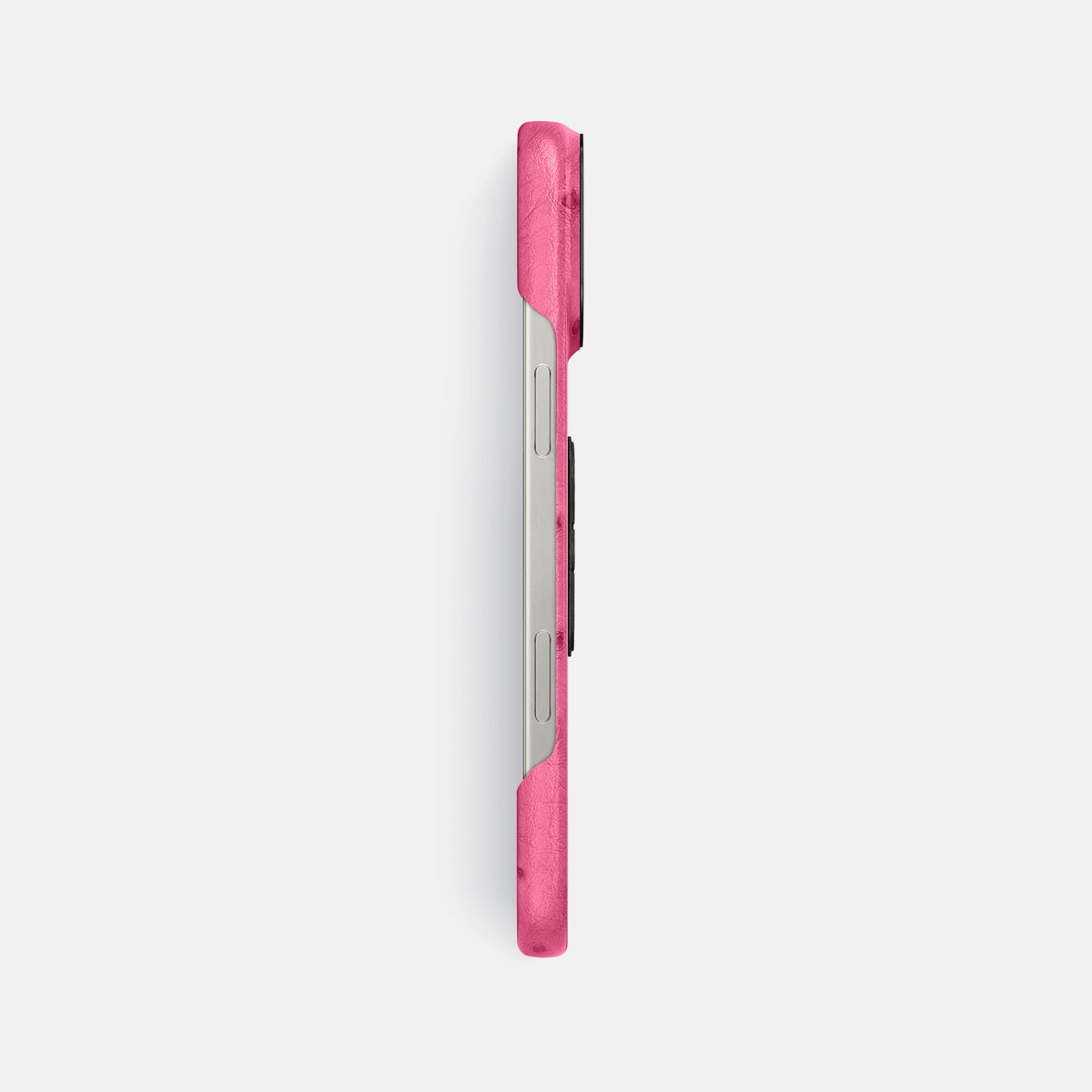 Pink iPhone 16 Pro Max Classic Case Ostrich with Black Metal -3 | Pink-Black