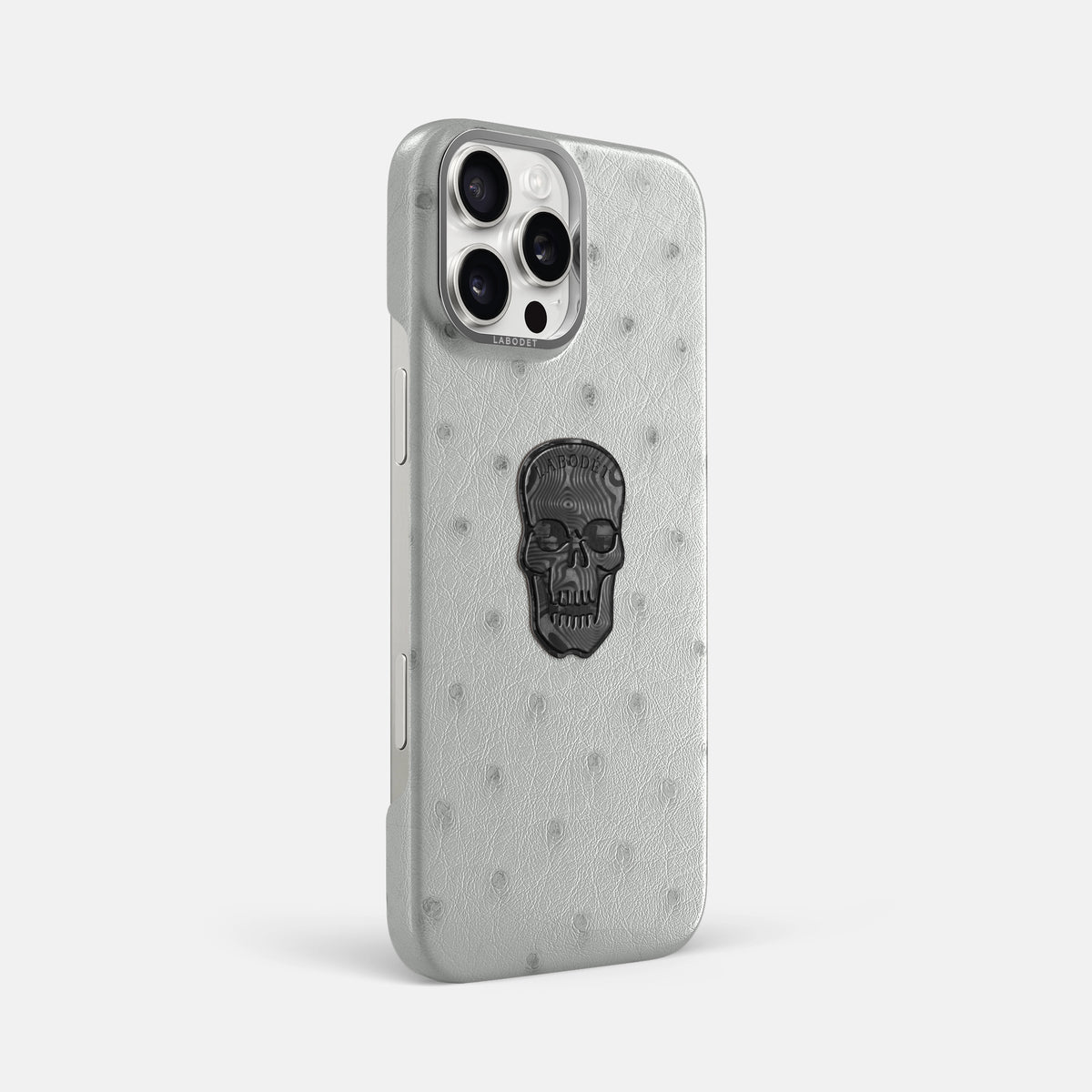 White iPhone 16 Pro Max Classic Case Ostrich with Steel Metal -2 | White-Steel
