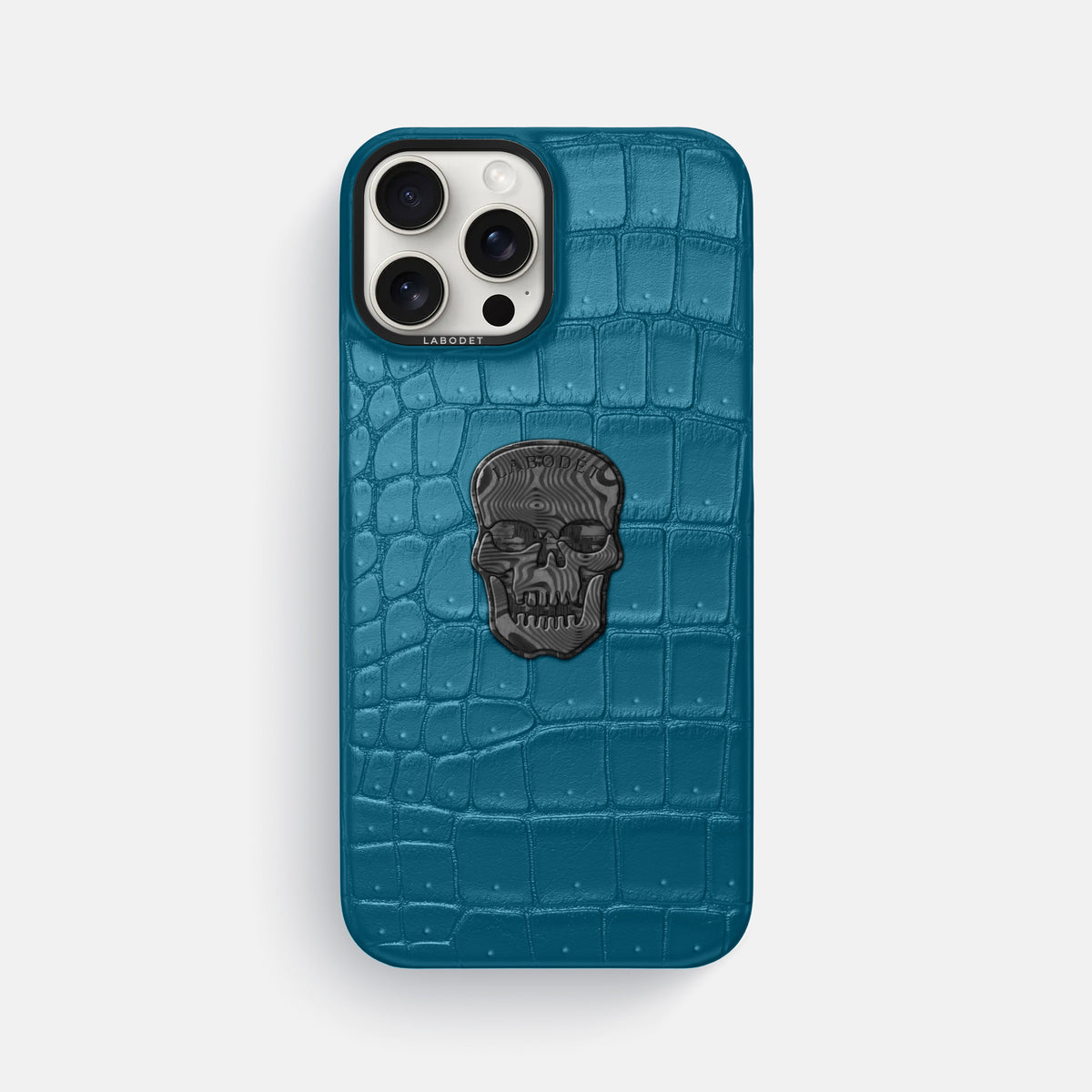 Duck Blue iPhone 16 Pro Max Porosus Crocodile Porosus Crocodile with Black Metal -1 | Duck-Blue-Black