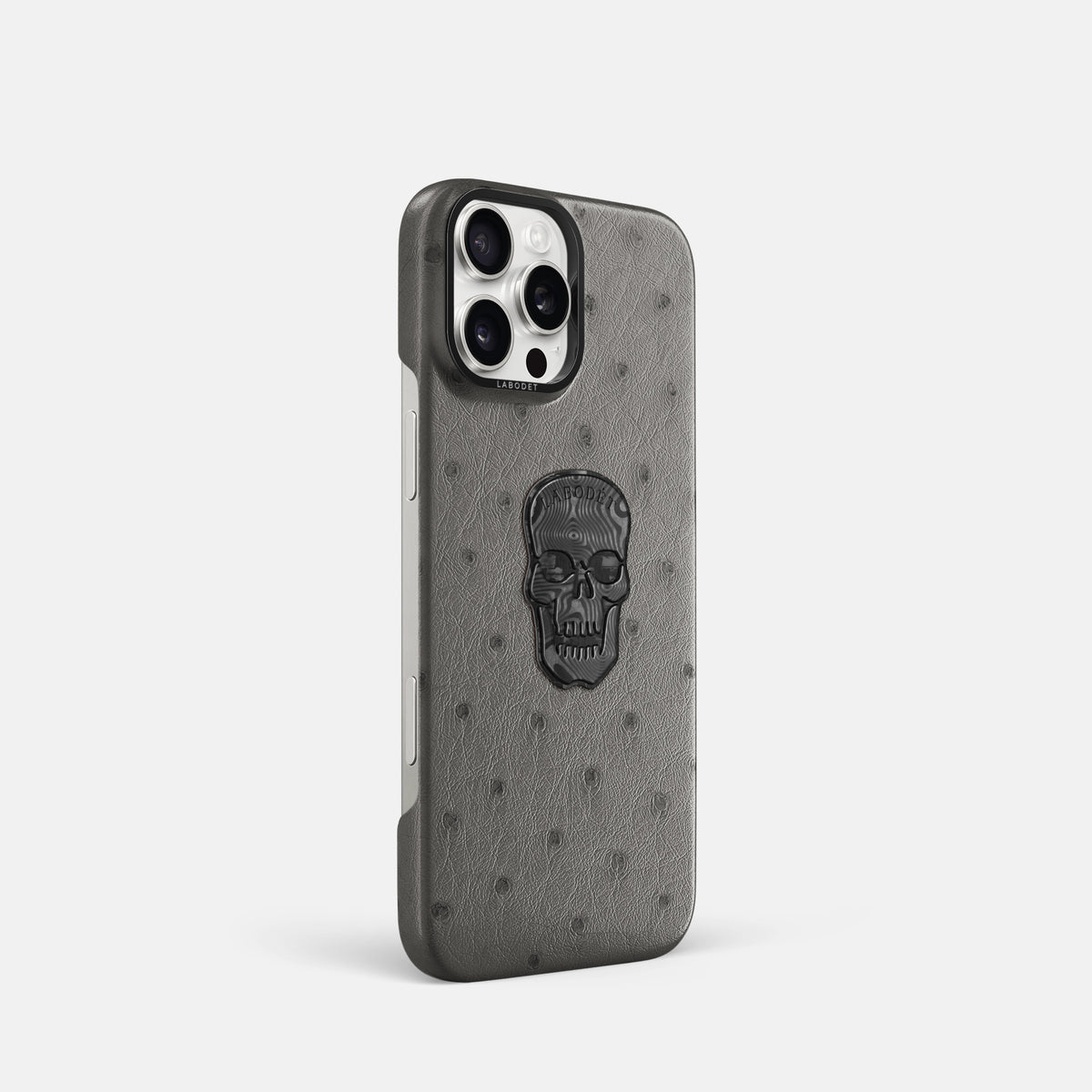 Grey iPhone 16 Pro Classic Case Ostrich with Black Metal -2 | Grey-Black