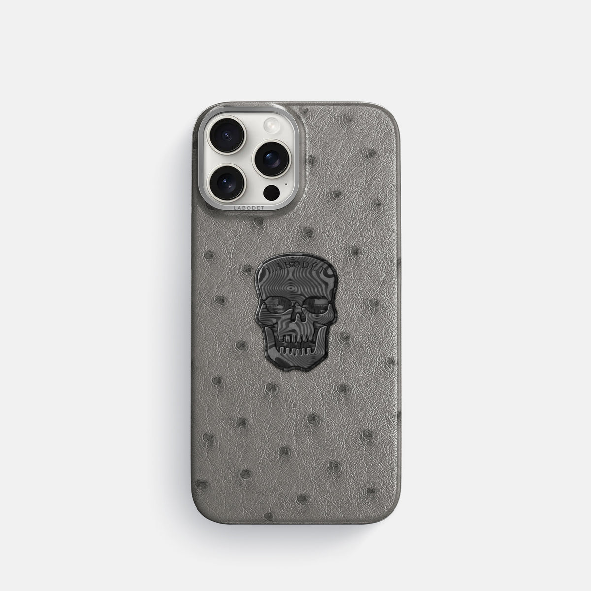 Grey iPhone 16 Pro Classic Case Ostrich with Steel Metal -1 | Grey-Steel
