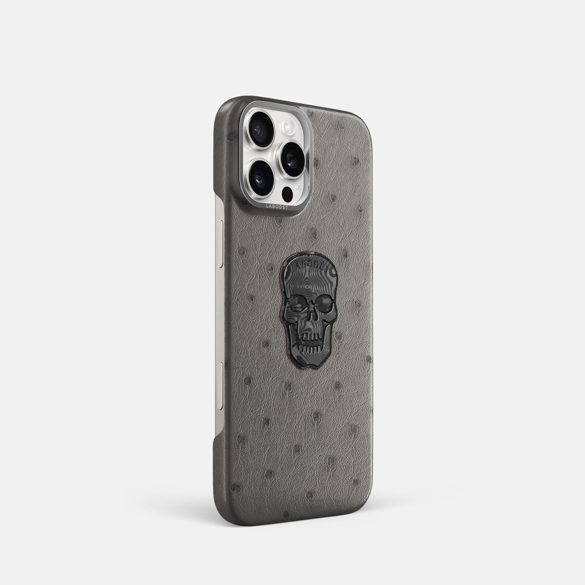 Grey iPhone 16 Pro Classic Case Ostrich with Steel Metal -2 | Grey-Steel