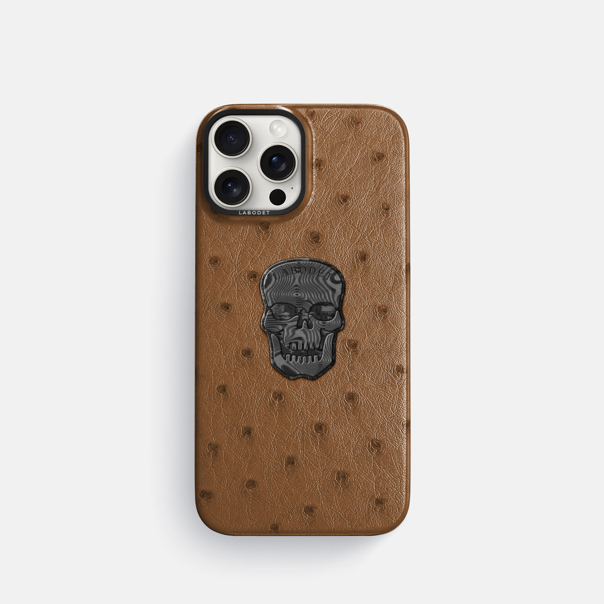 Medium-Brown iPhone 16 Pro Classic Case Ostrich with Black Metal -1 | Medium-Brown-Black