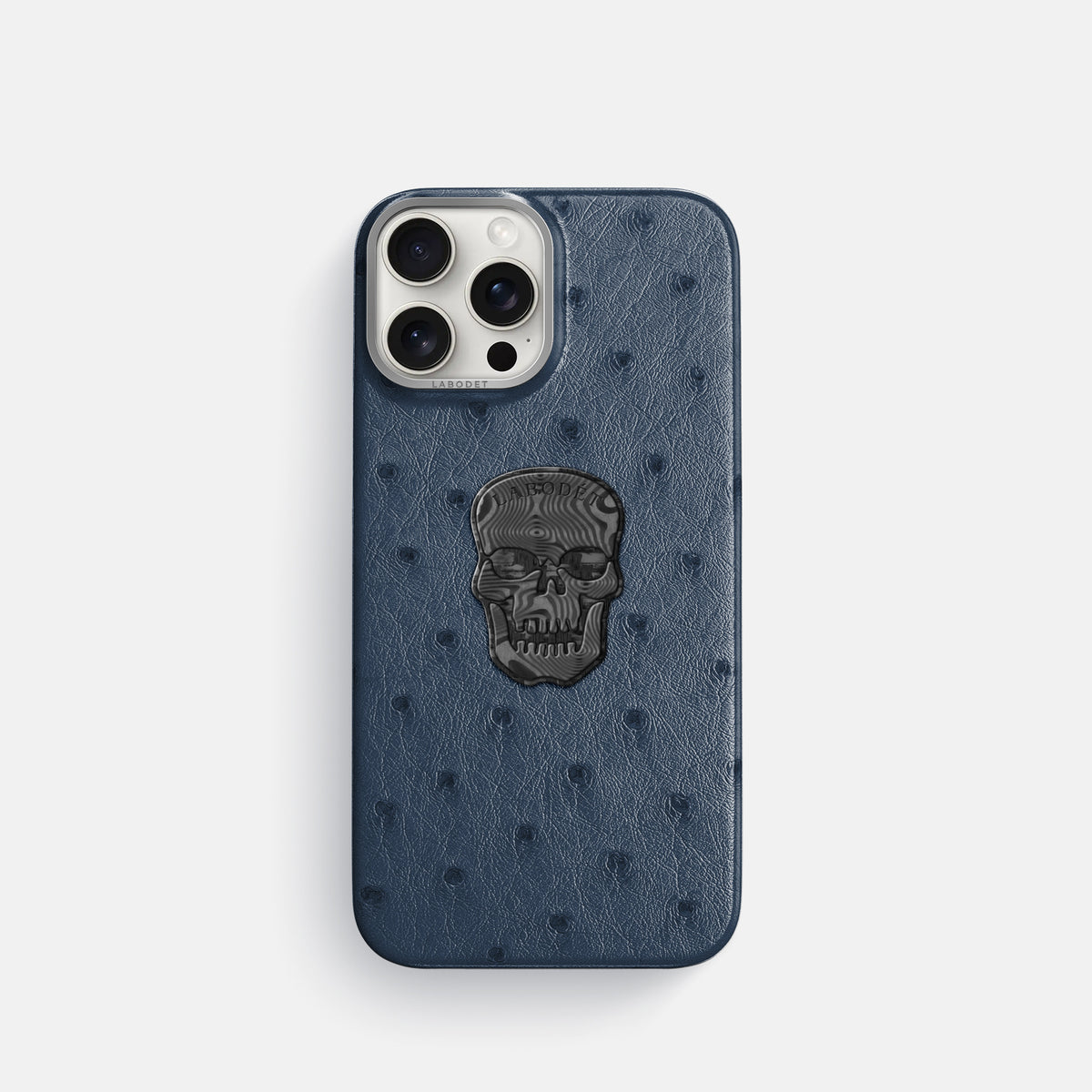 Navy-Blue iPhone 16 Pro Classic Case Ostrich with Steel Metal -1 | Navy-Blue-Steel