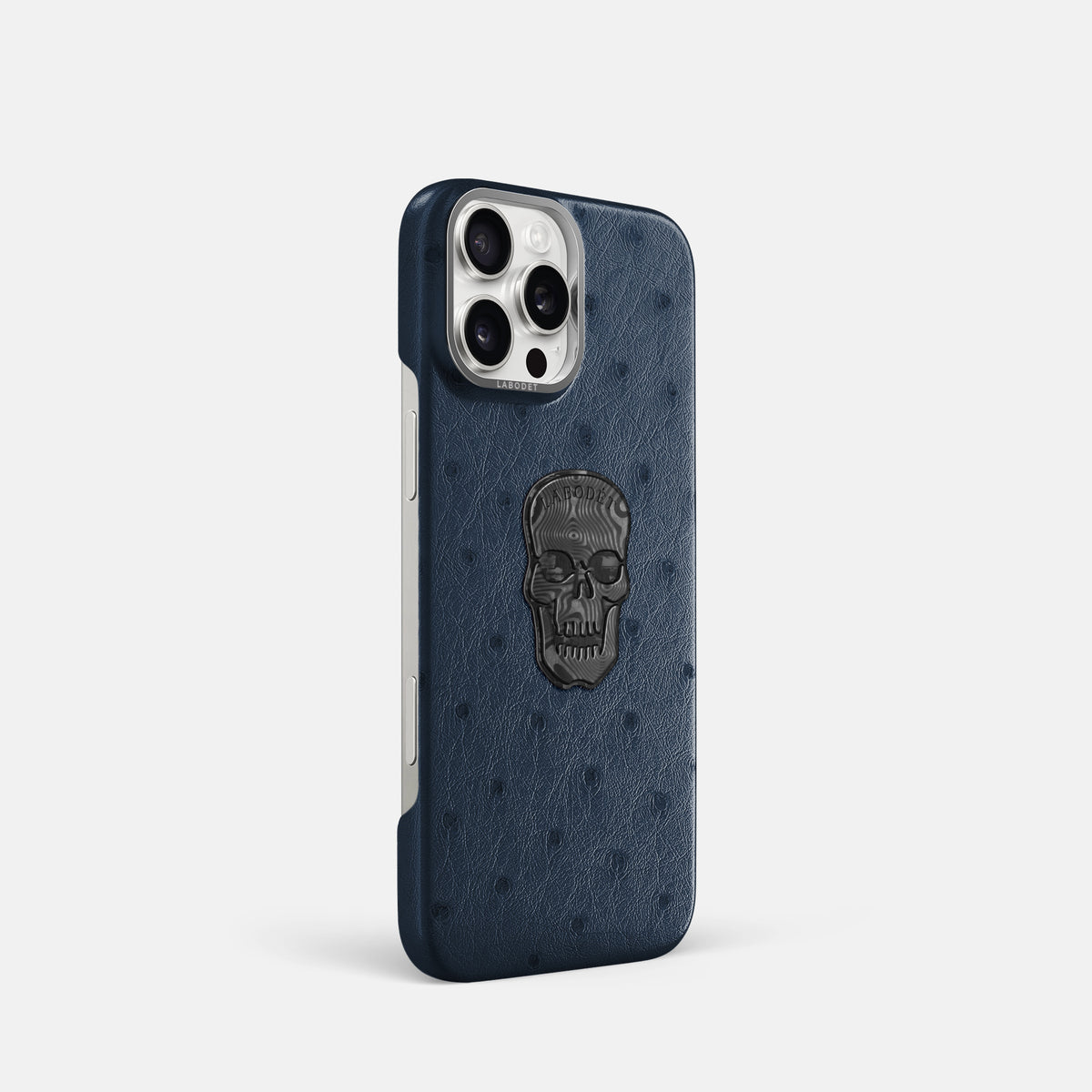 Navy-Blue iPhone 16 Pro Classic Case Ostrich with Steel Metal -2 | Navy-Blue-Steel