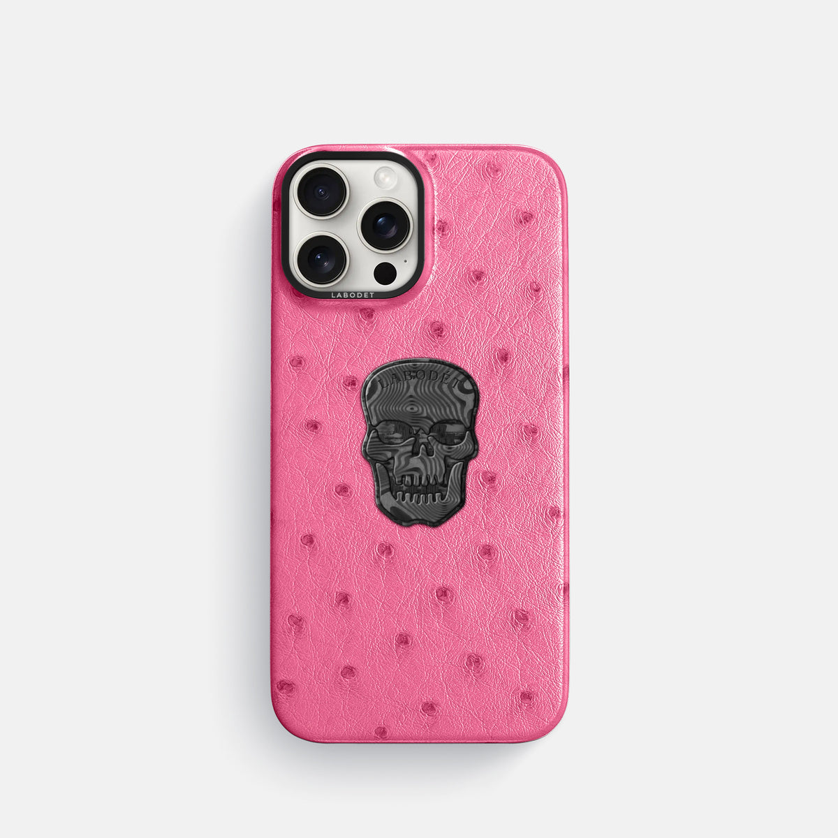 Pink iPhone 16 Pro Classic Case Ostrich with Black Metal -1 | Pink-Black