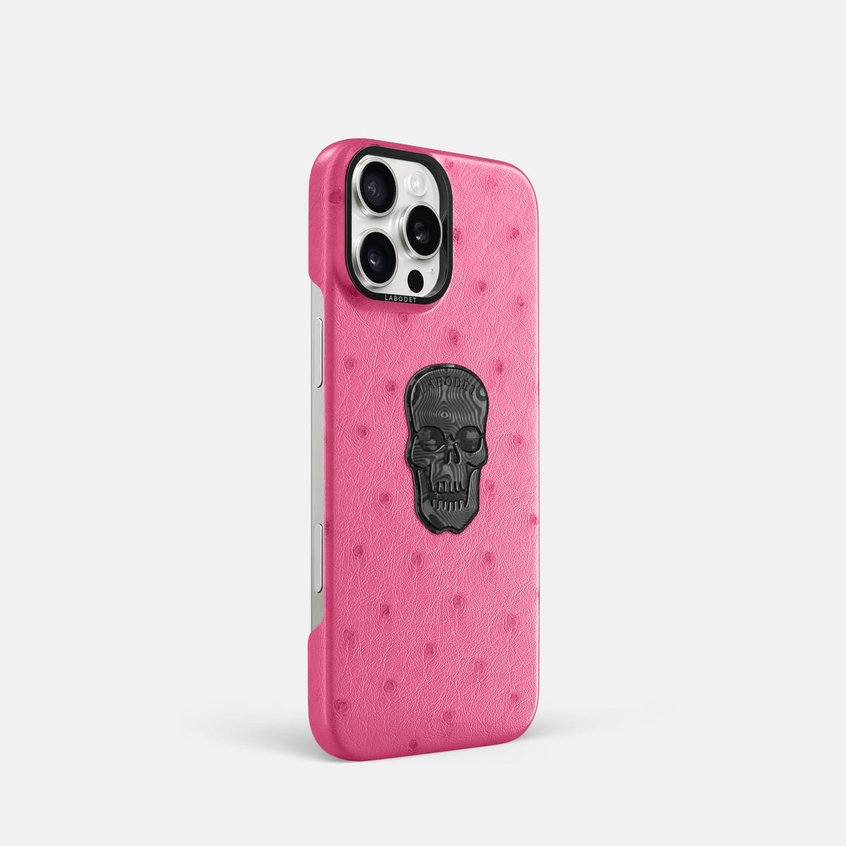 Pink iPhone 16 Pro Classic Case Ostrich with Black Metal -2 | Pink-Black