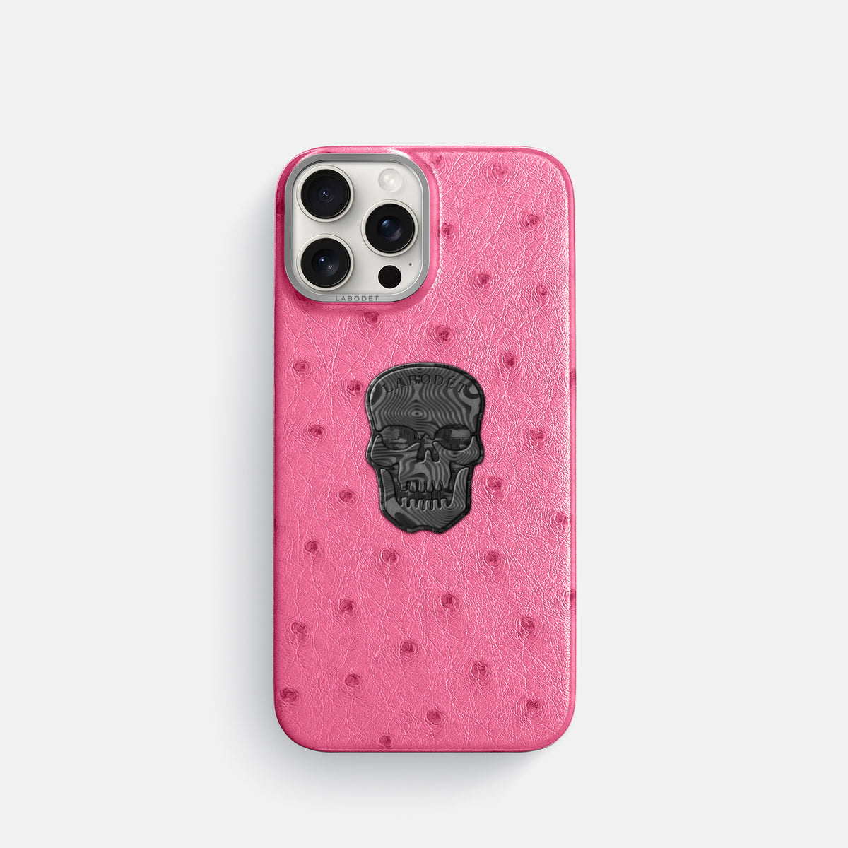 Pink iPhone 16 Pro Classic Case Ostrich with Steel Metal -1 | Pink-Steel