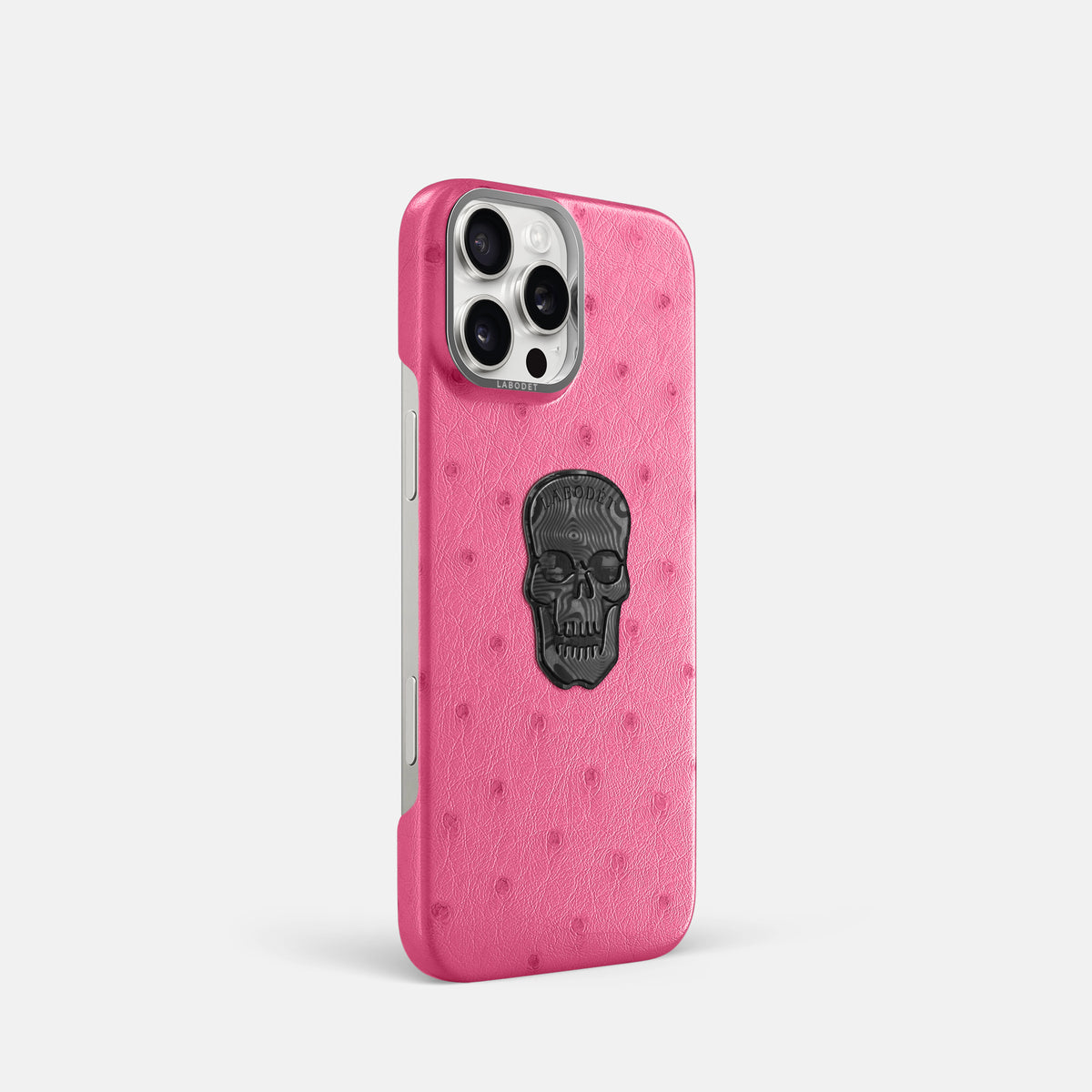 Pink iPhone 16 Pro Classic Case Ostrich with Steel Metal -2 | Pink-Steel