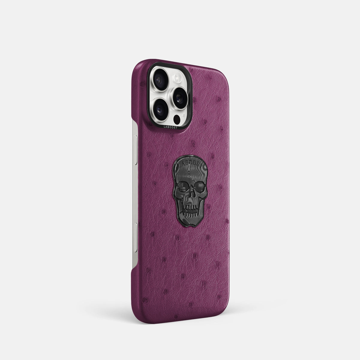 Purple iPhone 16 Pro Classic Case Ostrich with Black Metal -2 | Purple-Black