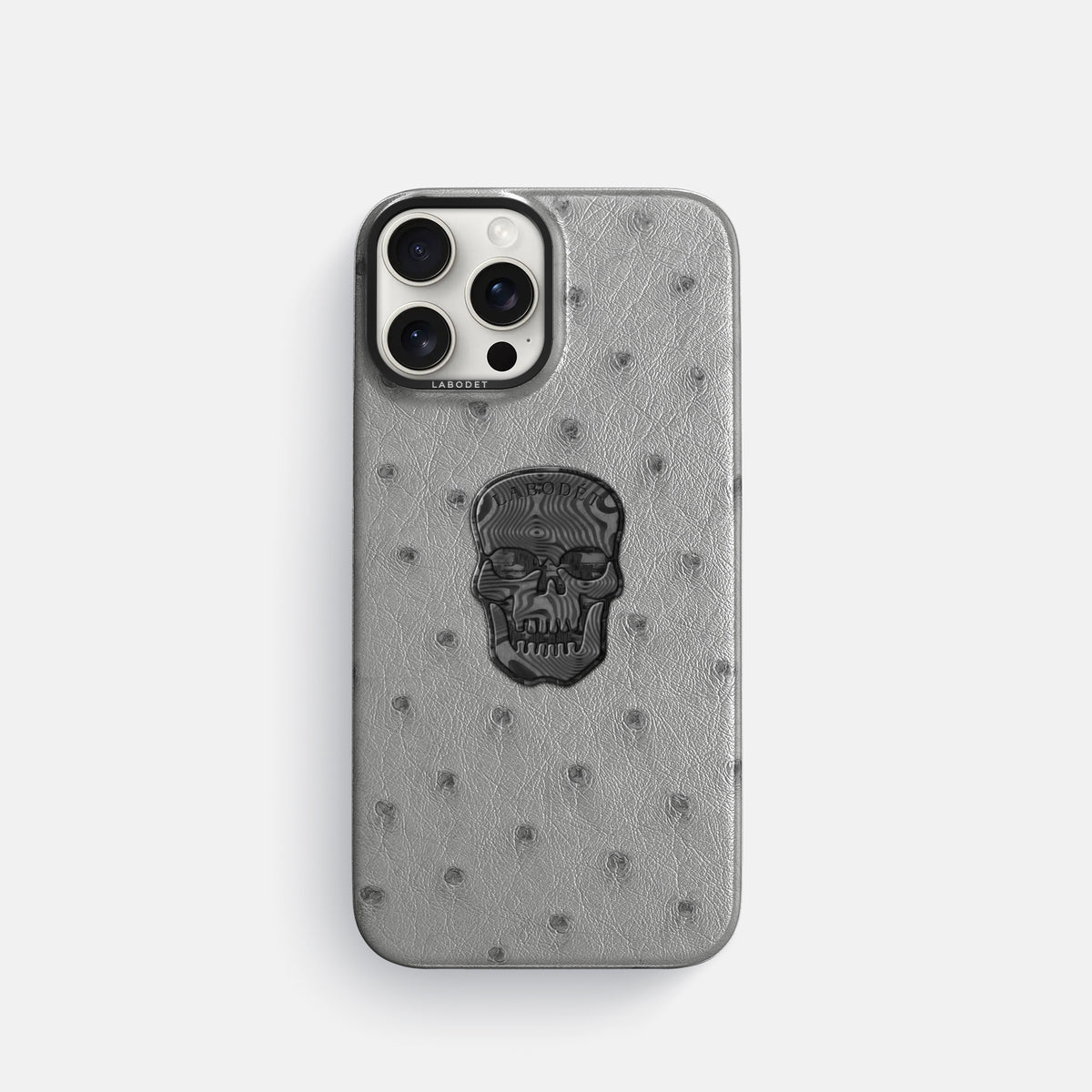 Silver iPhone 16 Pro Classic Case Ostrich with Black Metal -1 | Silver-Black