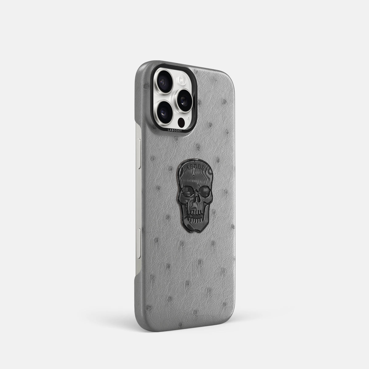 Silver iPhone 16 Pro Classic Case Ostrich with Black Metal -2 | Silver-Black
