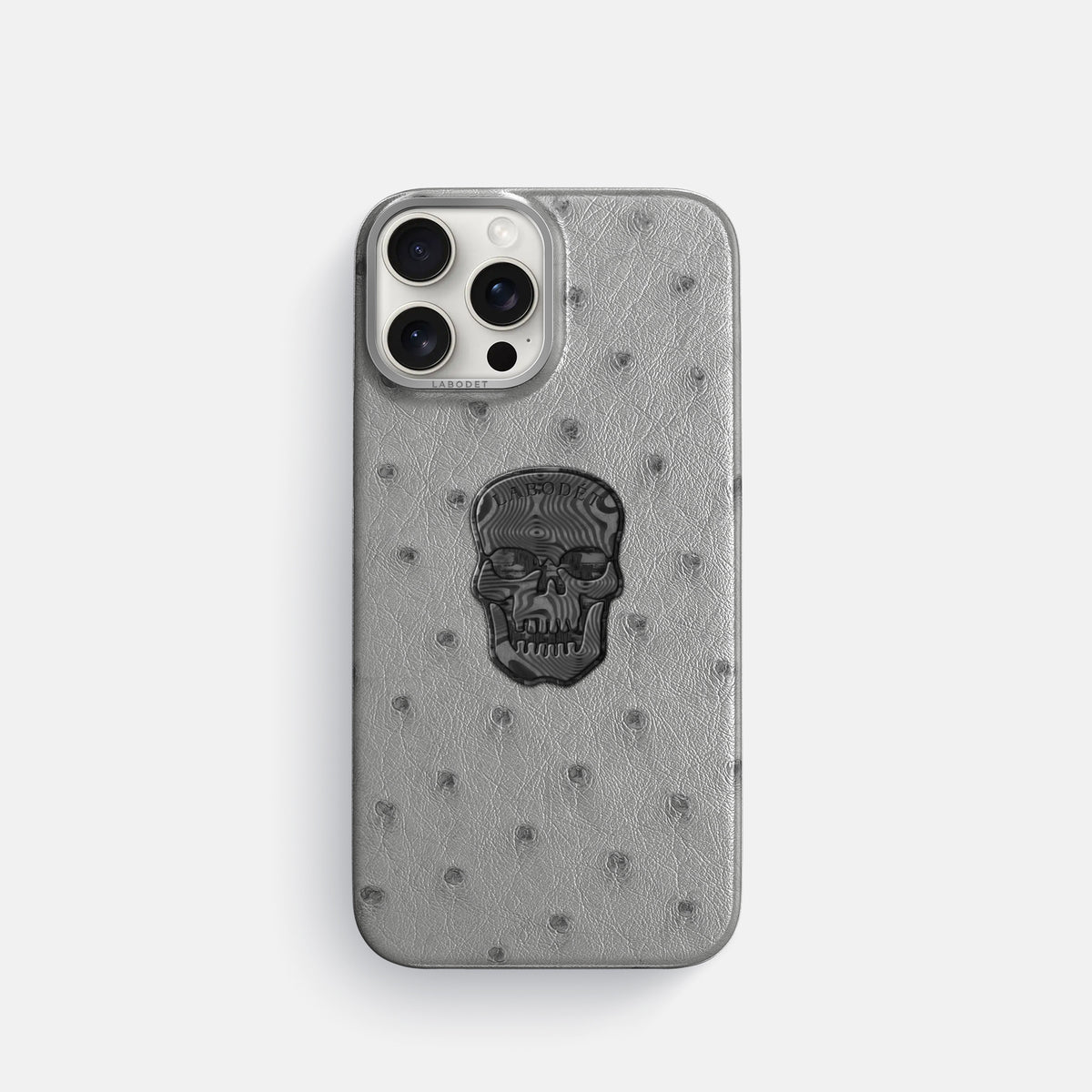 Silver iPhone 16 Pro Classic Case Ostrich with Steel Metal -1 | Silver-Steel