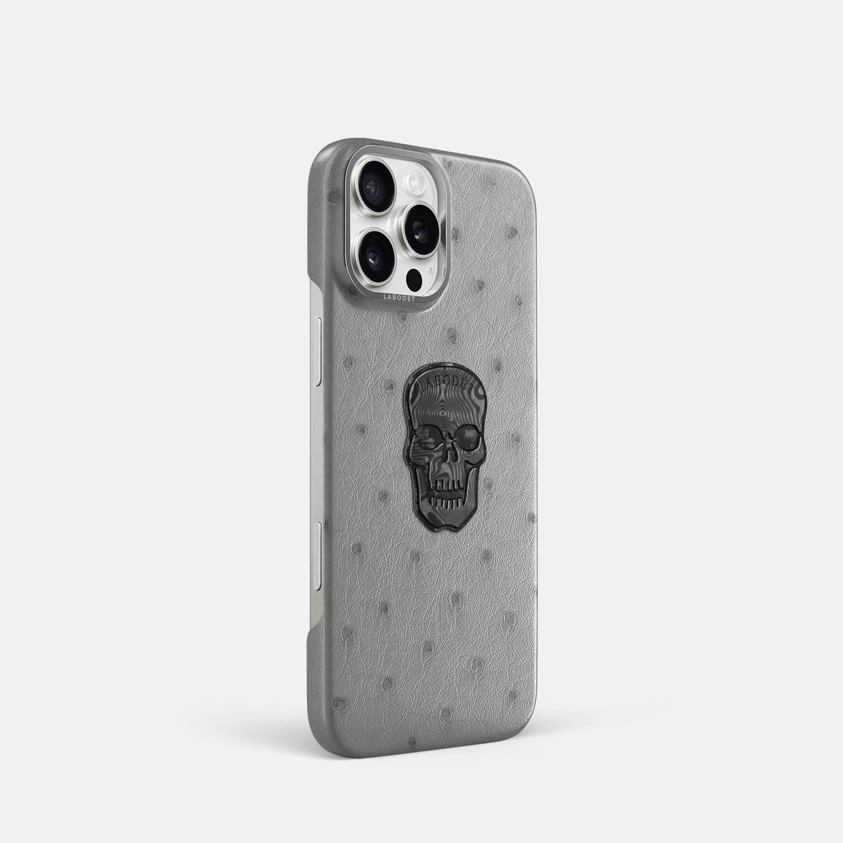 Silver iPhone 16 Pro Classic Case Ostrich with Steel Metal -2 | Silver-Steel