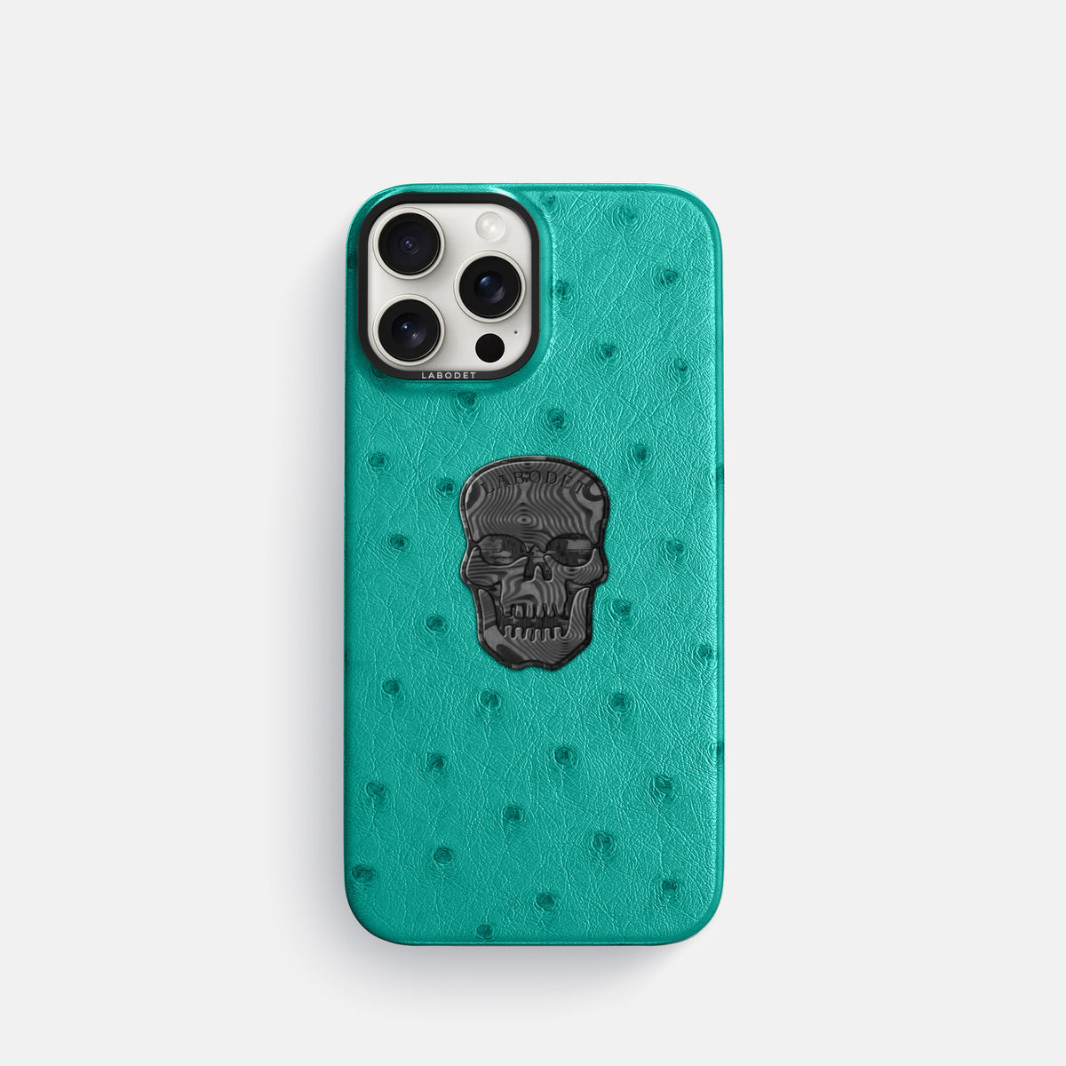 Turquoise iPhone 16 Pro Classic Case Ostrich with Black Metal -1 | Turquoise-Black