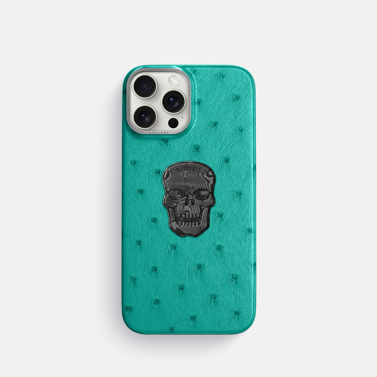 Turquoise iPhone 16 Pro Classic Case Ostrich with Steel Metal -1 | Turquoise-Steel