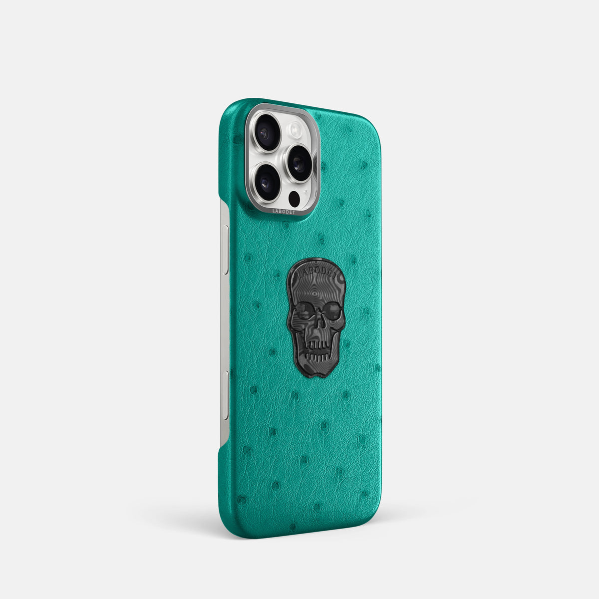 Turquoise iPhone 16 Pro Classic Case Ostrich with Steel Metal -2 | Turquoise-Steel
