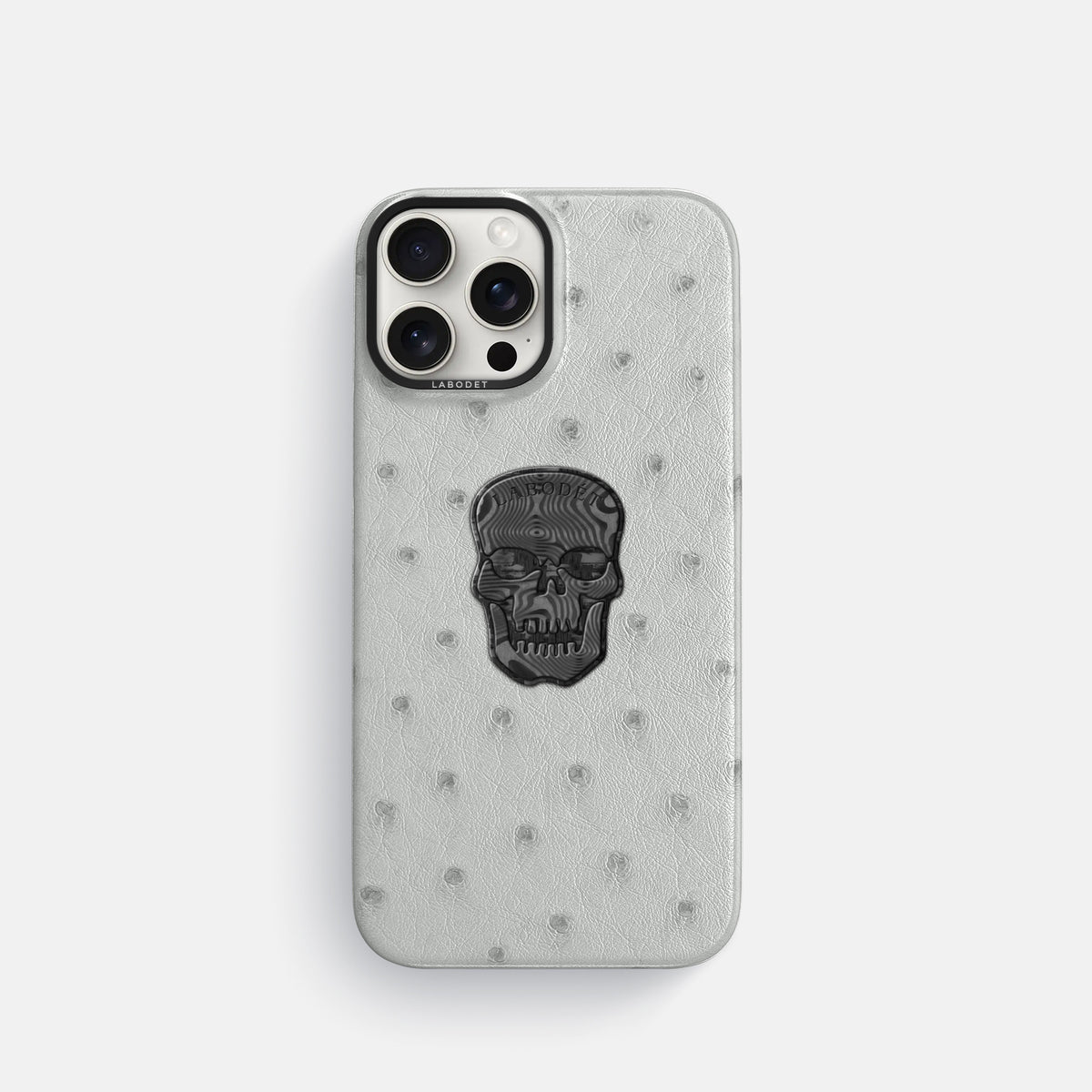 White iPhone 16 Pro Classic Case Ostrich with Black Metal -1 | White-Black