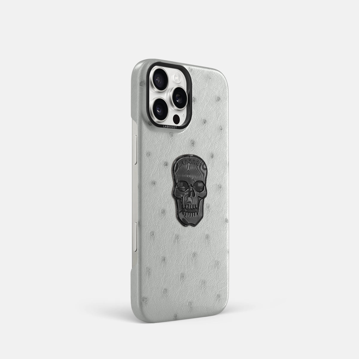 White iPhone 16 Pro Classic Case Ostrich with Black Metal -2 | White-Black