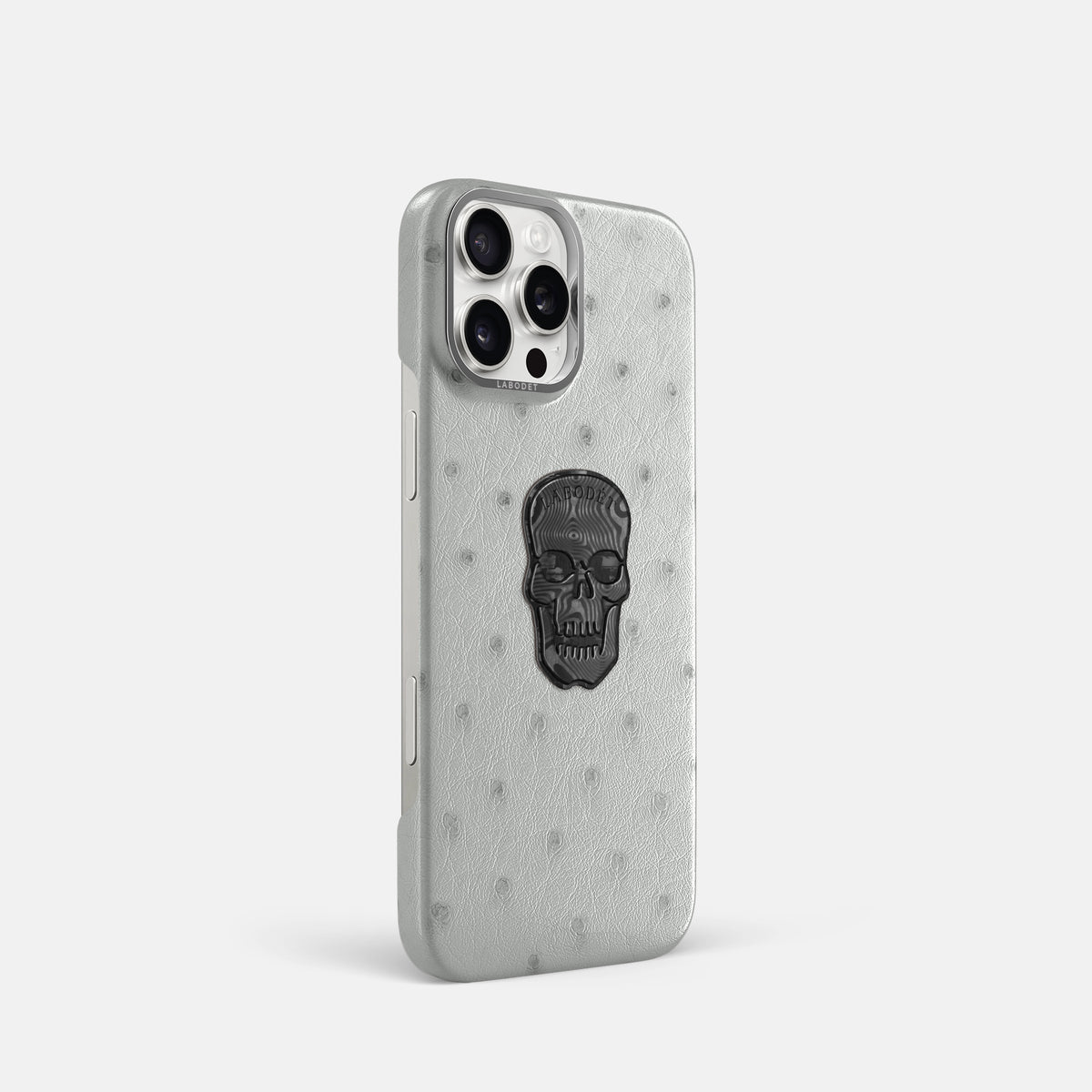 White iPhone 16 Pro Classic Case Ostrich with Steel Metal -2 | White-Steel