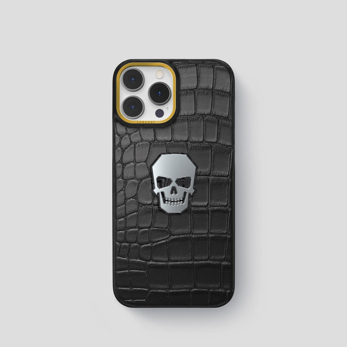 Black iPhone 15 Pro Classic Case With Titanium Skull Alligator with Gold Metal -1 | Black-Gold