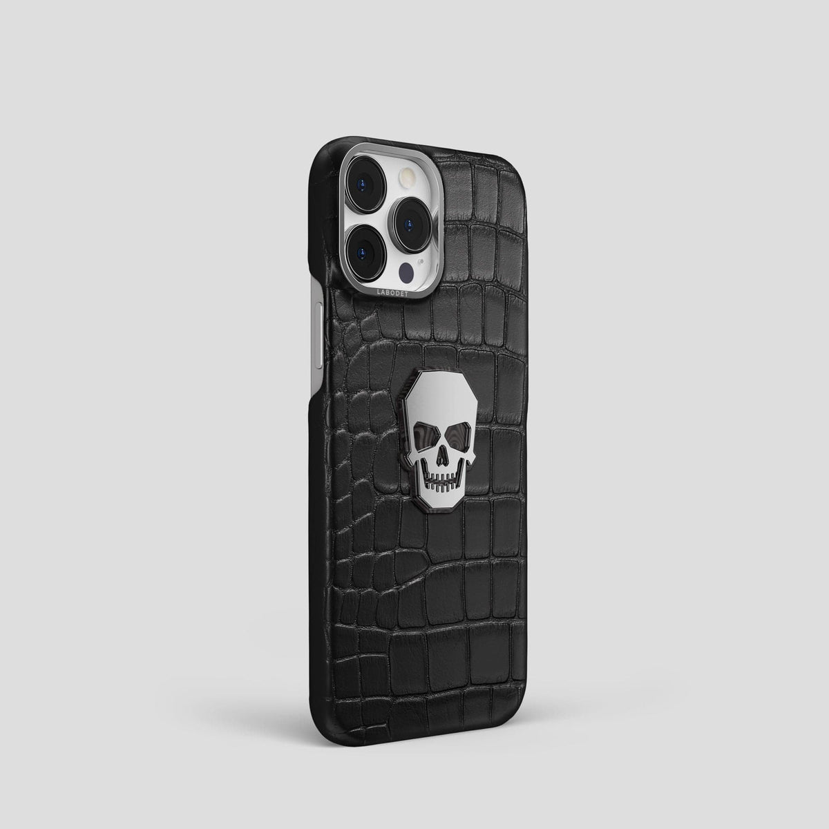 Black iPhone 15 Pro Classic Case With Titanium Skull Alligator with Steel Metal -2 | Black-Steel
