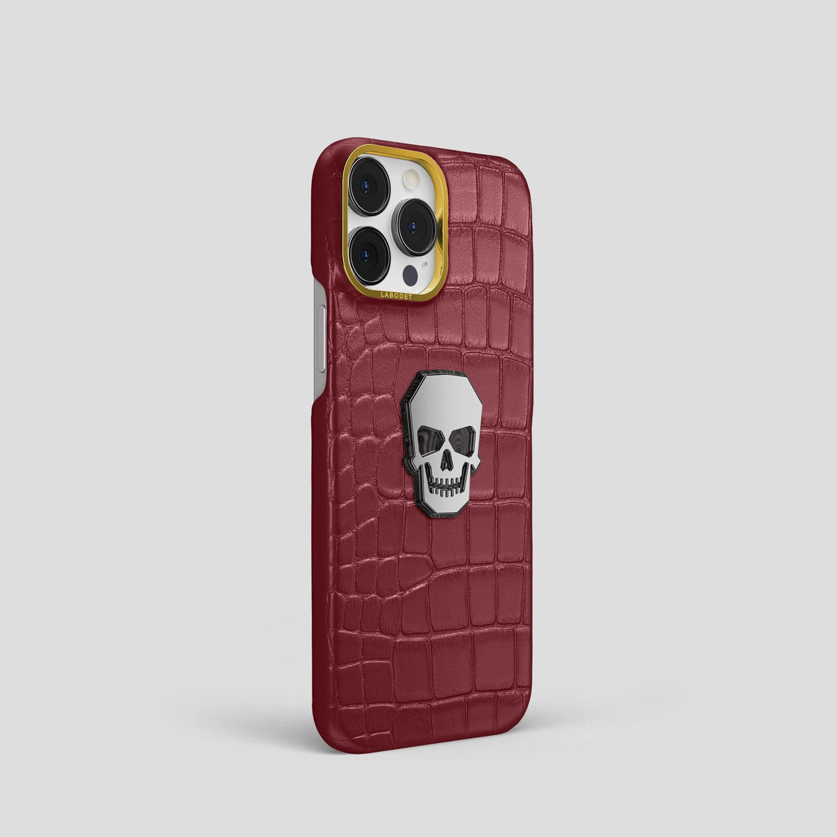 Burgundy iPhone 15 Pro Classic Case With Titanium Skull Alligator with Gold Metal -2 | Burgundy-Gold