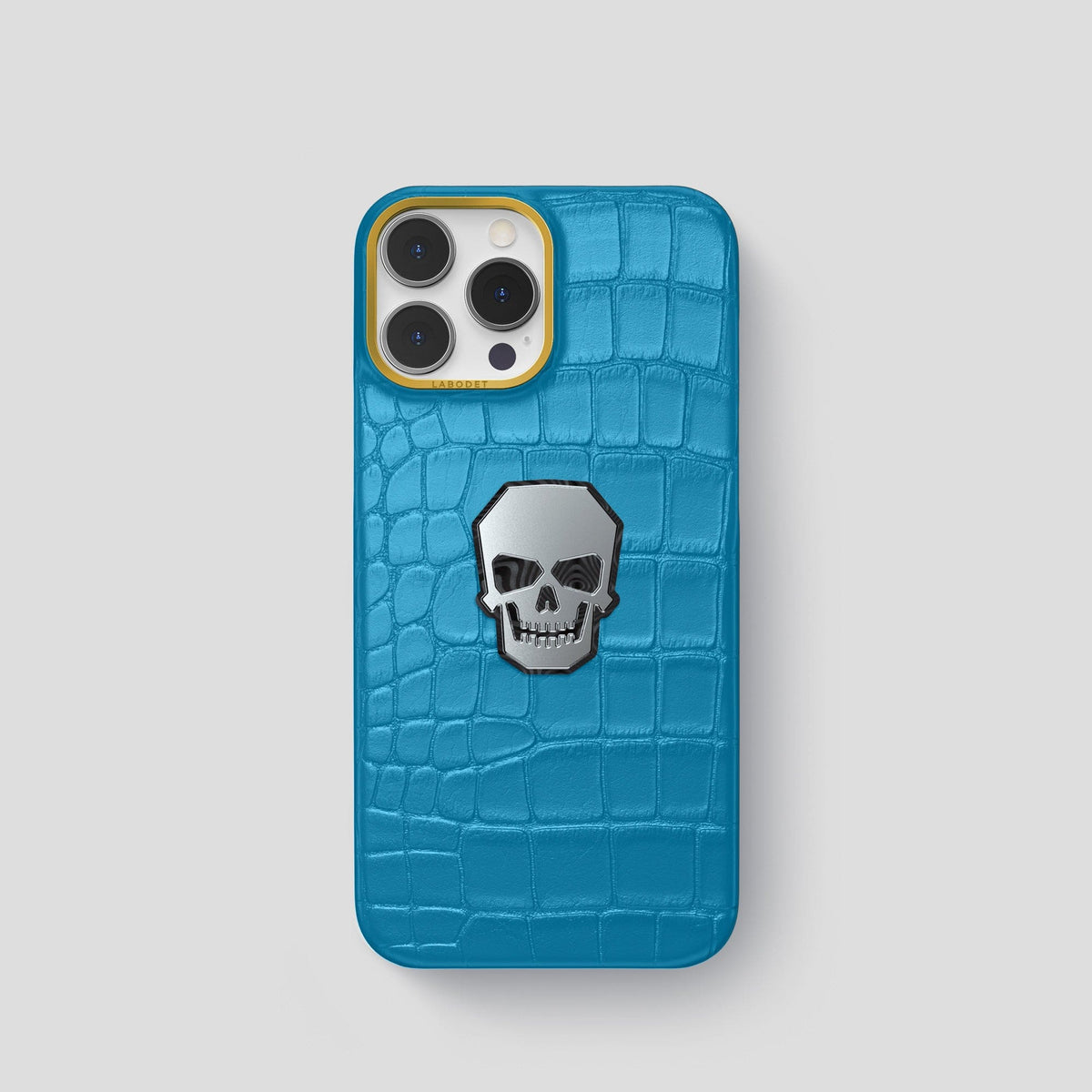 Curaçao-Blue iPhone 15 Pro Classic Case With Titanium Skull Alligator with Gold Metal -1 | Curaçao-Blue-Gold
