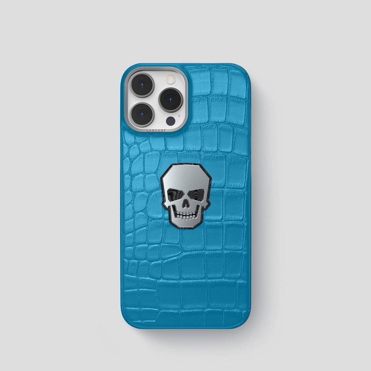 Curaçao-Blue iPhone 15 Pro Classic Case With Titanium Skull Alligator with Steel Metal -1 | Curaçao-Blue-Steel
