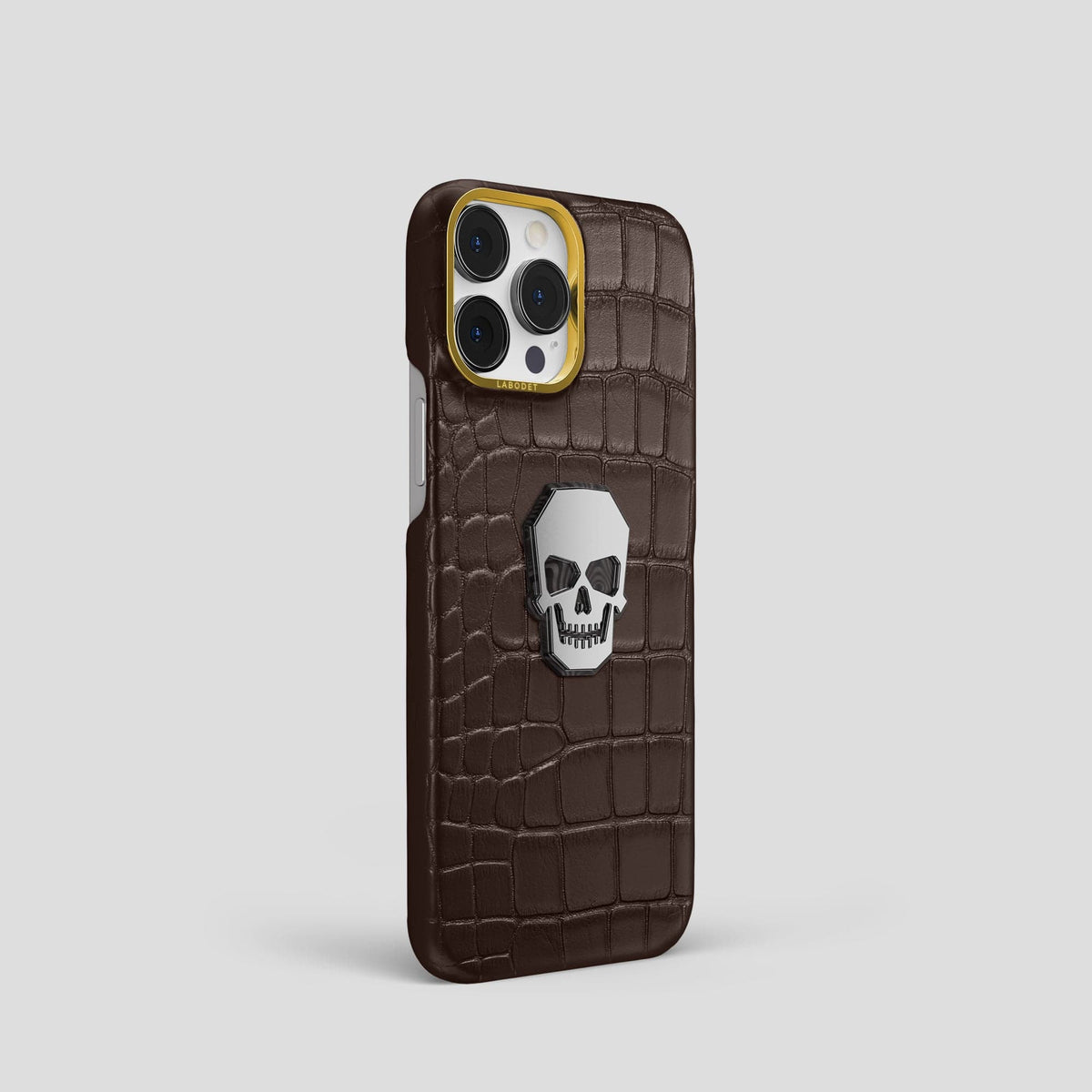 Dark-Brown iPhone 15 Pro Classic Case With Titanium Skull Alligator with Gold Metal -2 | Dark-Brown-Gold