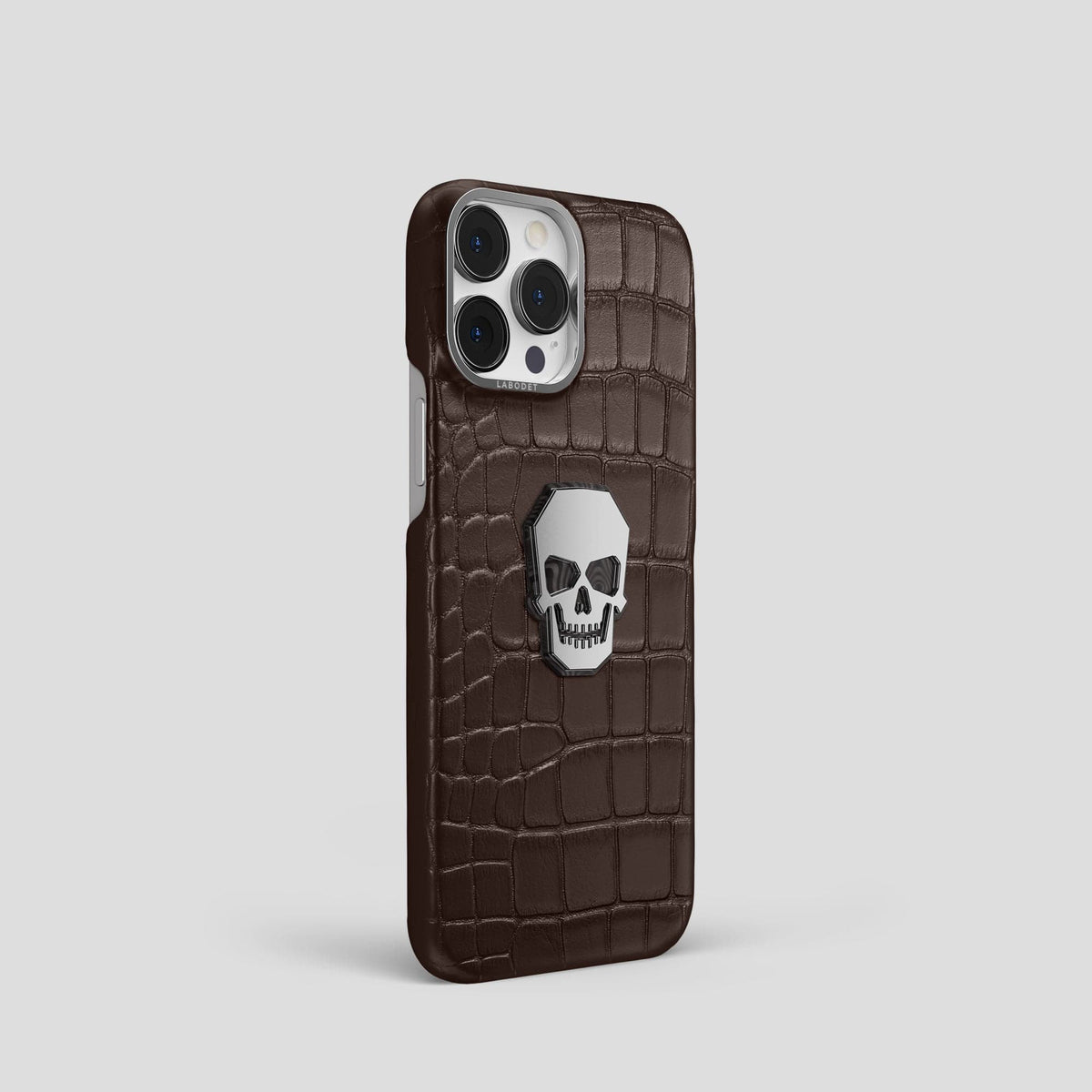 Dark-Brown iPhone 15 Pro Classic Case With Titanium Skull Alligator with Steel Metal -2 | Dark-Brown-Steel
