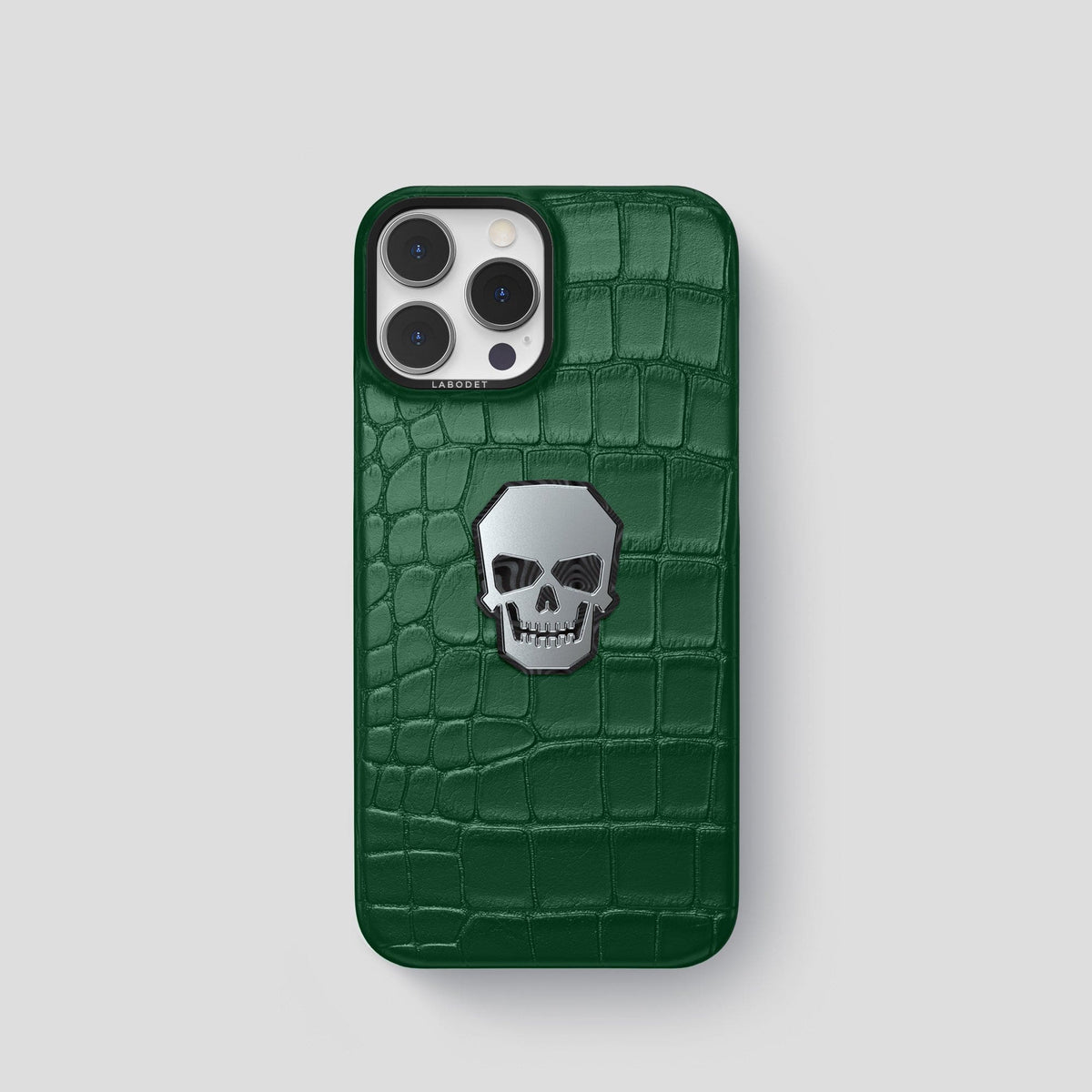 Forest-Green iPhone 15 Pro Classic Case With Titanium Skull Alligator with Black Metal -1 | Forest-Green-Black