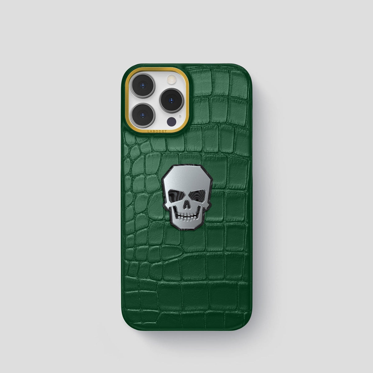 Forest-Green iPhone 15 Pro Classic Case With Titanium Skull Alligator with Gold Metal -1 | Forest-Green-Gold