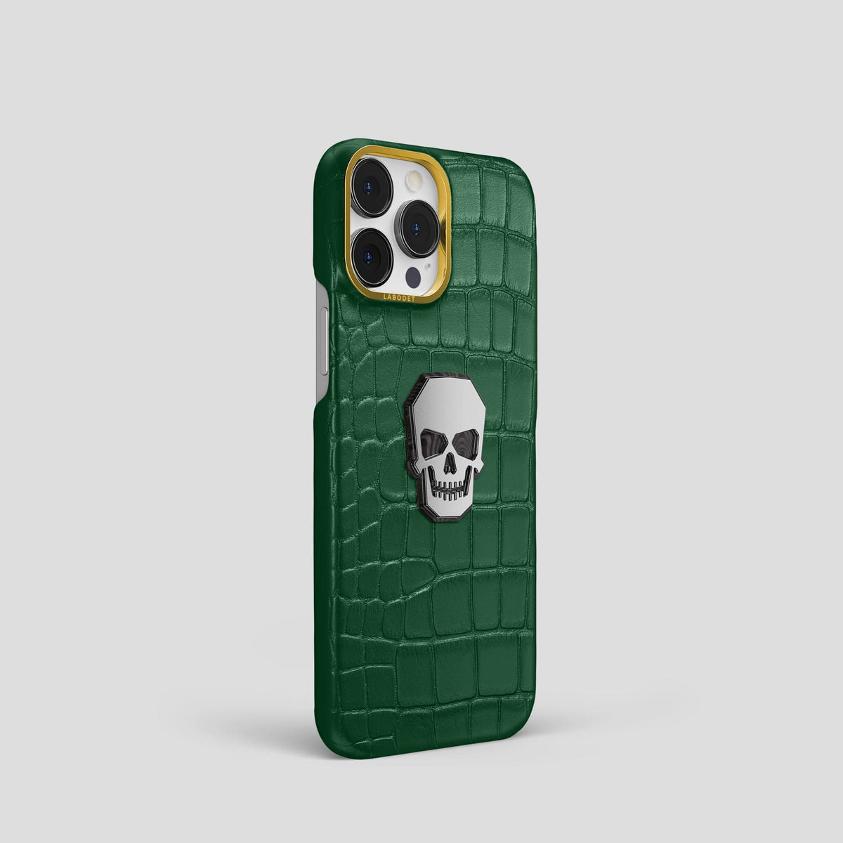 Forest-Green iPhone 15 Pro Classic Case With Titanium Skull Alligator with Gold Metal -2 | Forest-Green-Gold