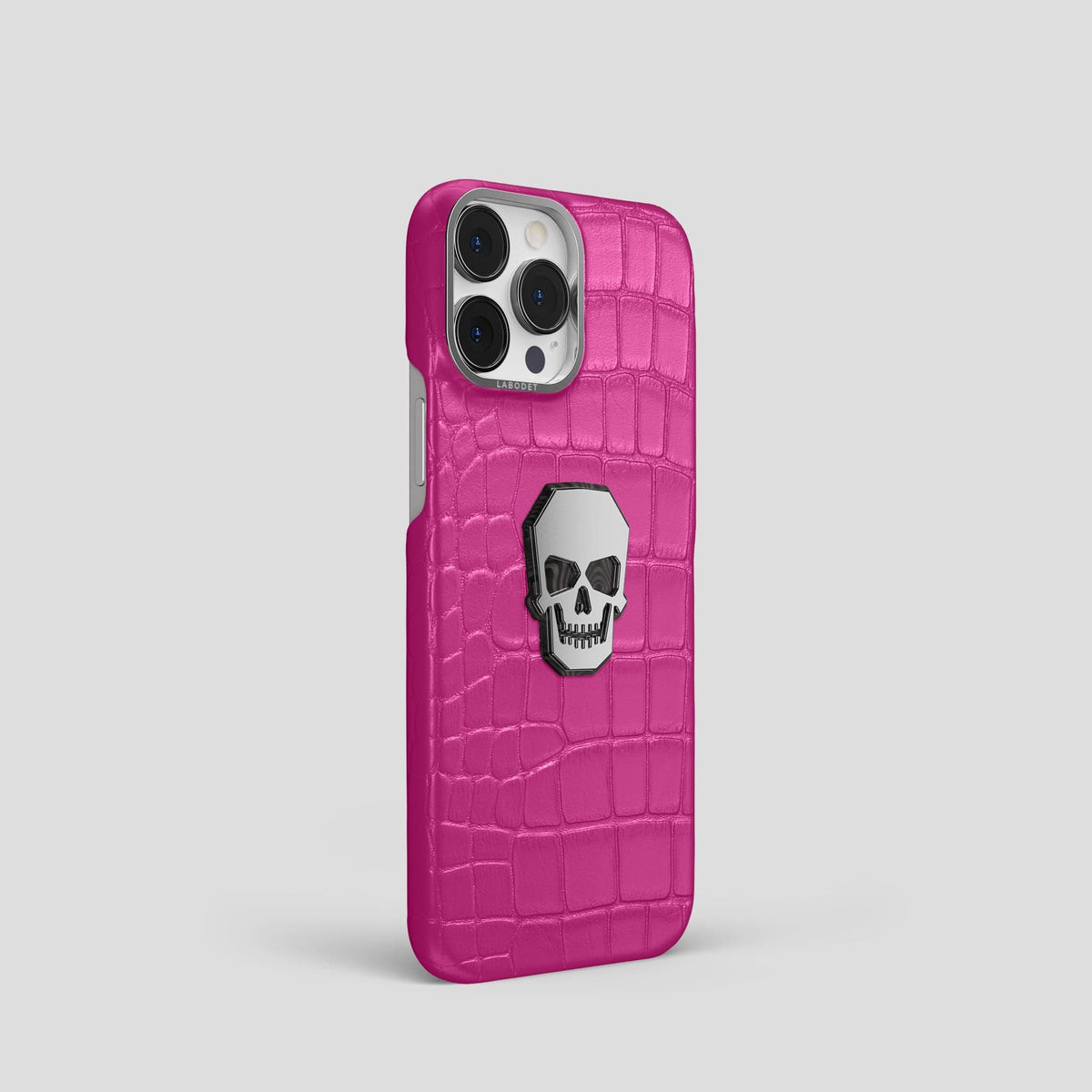 Fuchsia iPhone 15 Pro Classic Case With Titanium Skull Alligator with Steel Metal -2 | Fuchsia-Steel