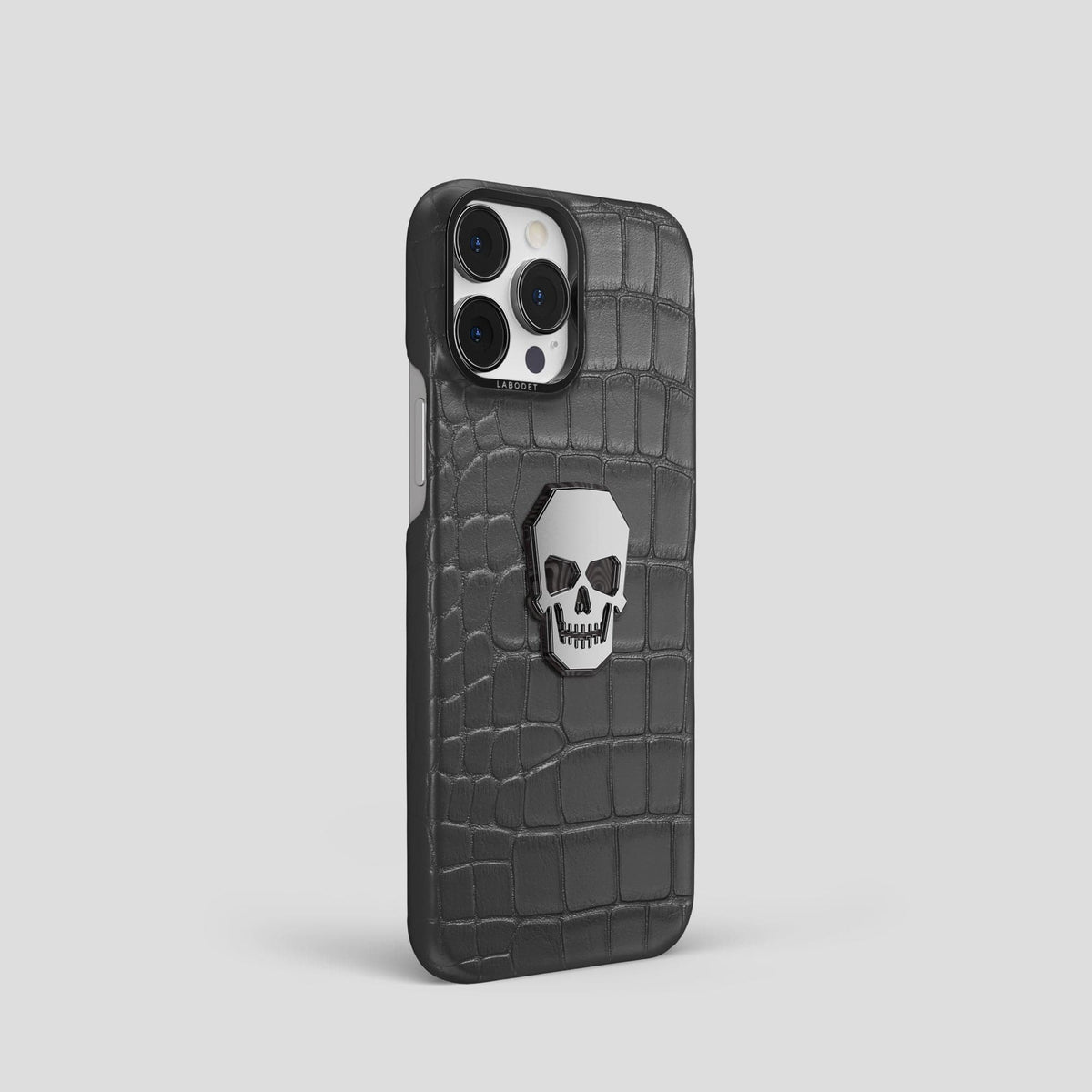 Grey iPhone 15 Pro Classic Case With Titanium Skull Alligator with Black Metal -2 | Grey-Black