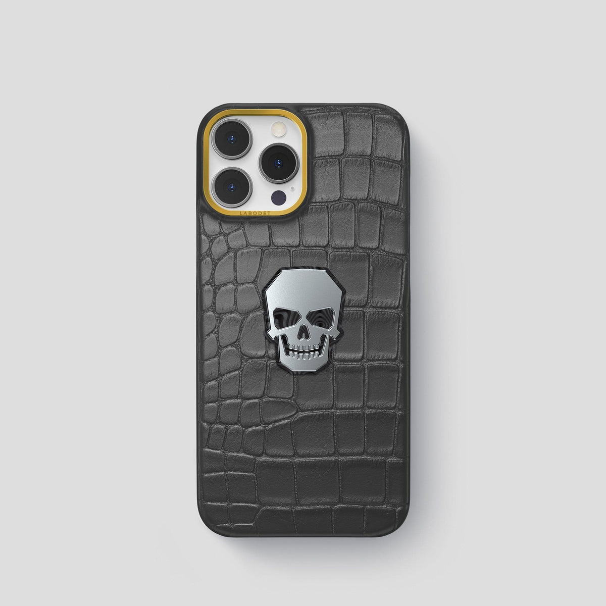 Grey iPhone 15 Pro Classic Case With Titanium Skull Alligator with Gold Metal -1 | Grey-Gold