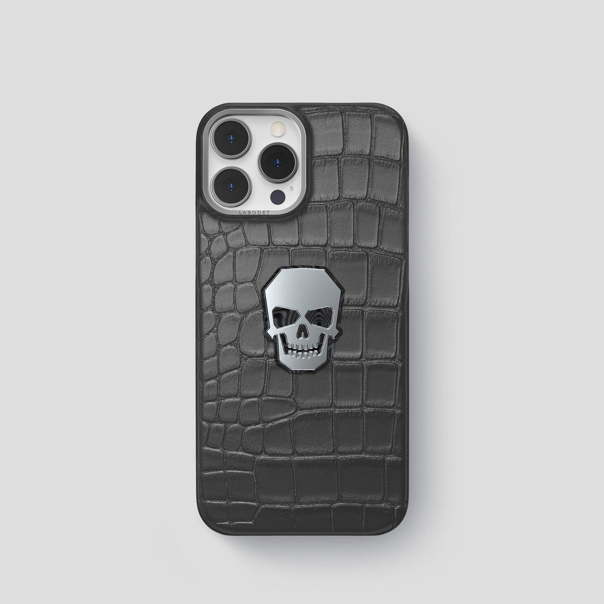 Grey iPhone 15 Pro Classic Case With Titanium Skull Alligator with Steel Metal -1 | Grey-Steel