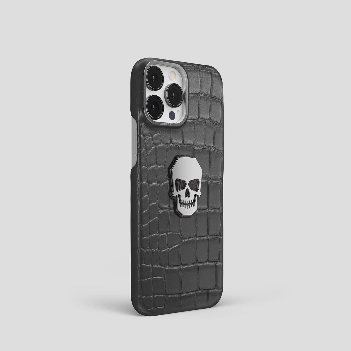 Grey iPhone 15 Pro Classic Case With Titanium Skull Alligator with Steel Metal -2 | Grey-Steel