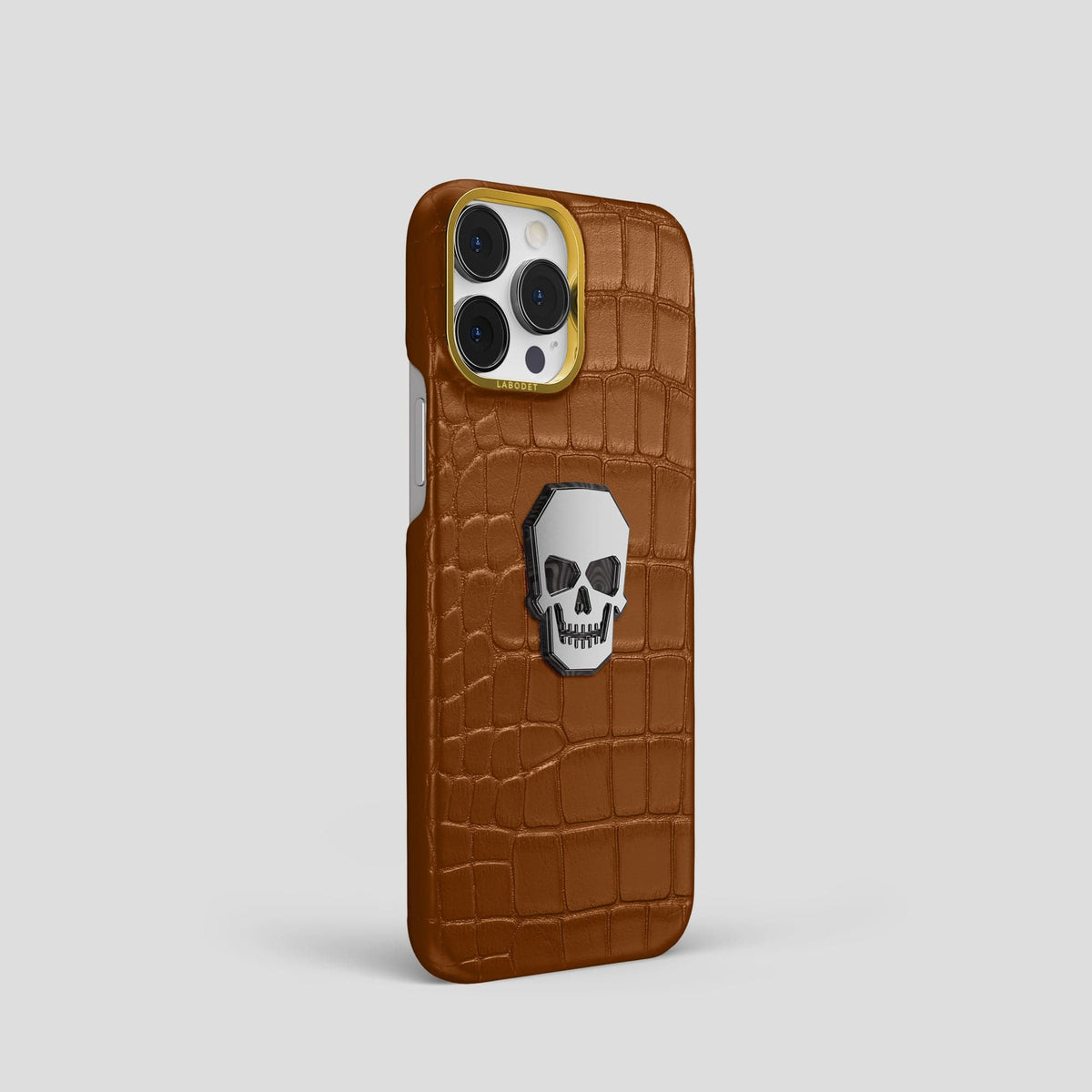 Honey iPhone 15 Pro Classic Case With Titanium Skull Alligator with Gold Metal -2 | Honey-Gold