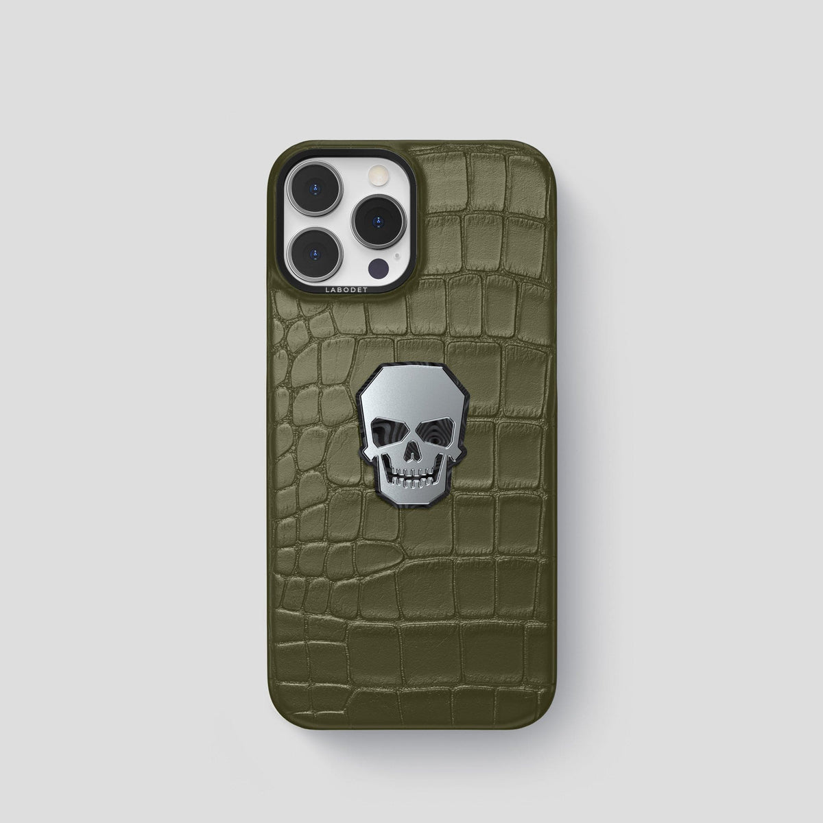 Kaki-Green iPhone 15 Pro Classic Case With Titanium Skull Alligator with Black Metal -1 | Kaki-Green-Black