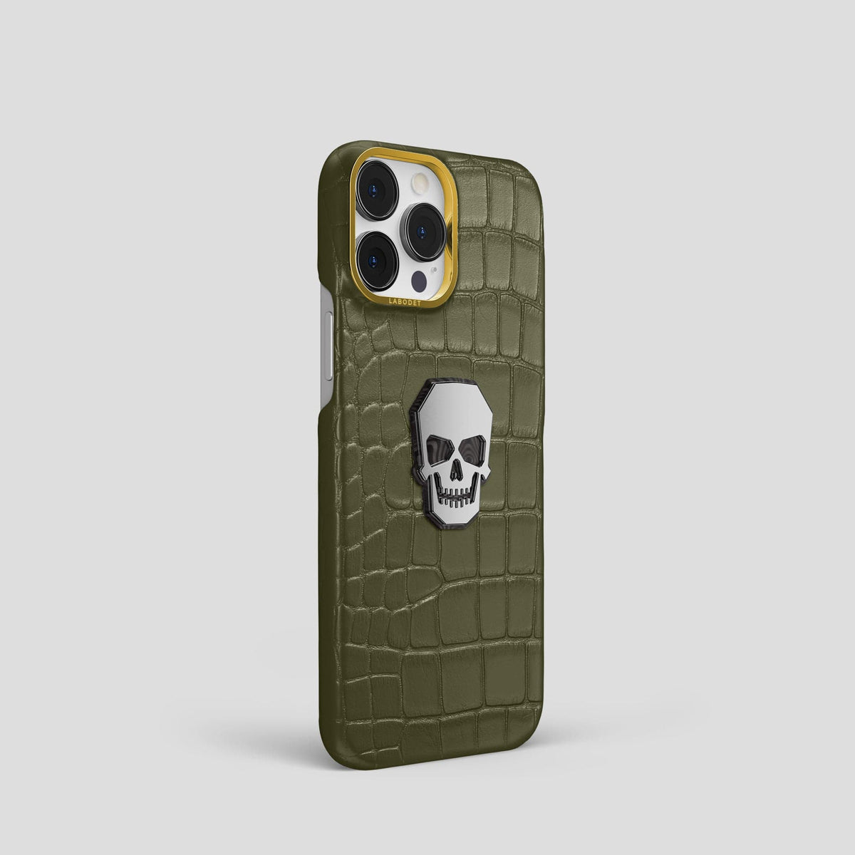 Kaki-Green iPhone 15 Pro Classic Case With Titanium Skull Alligator with Gold Metal -2 | Kaki-Green-Gold