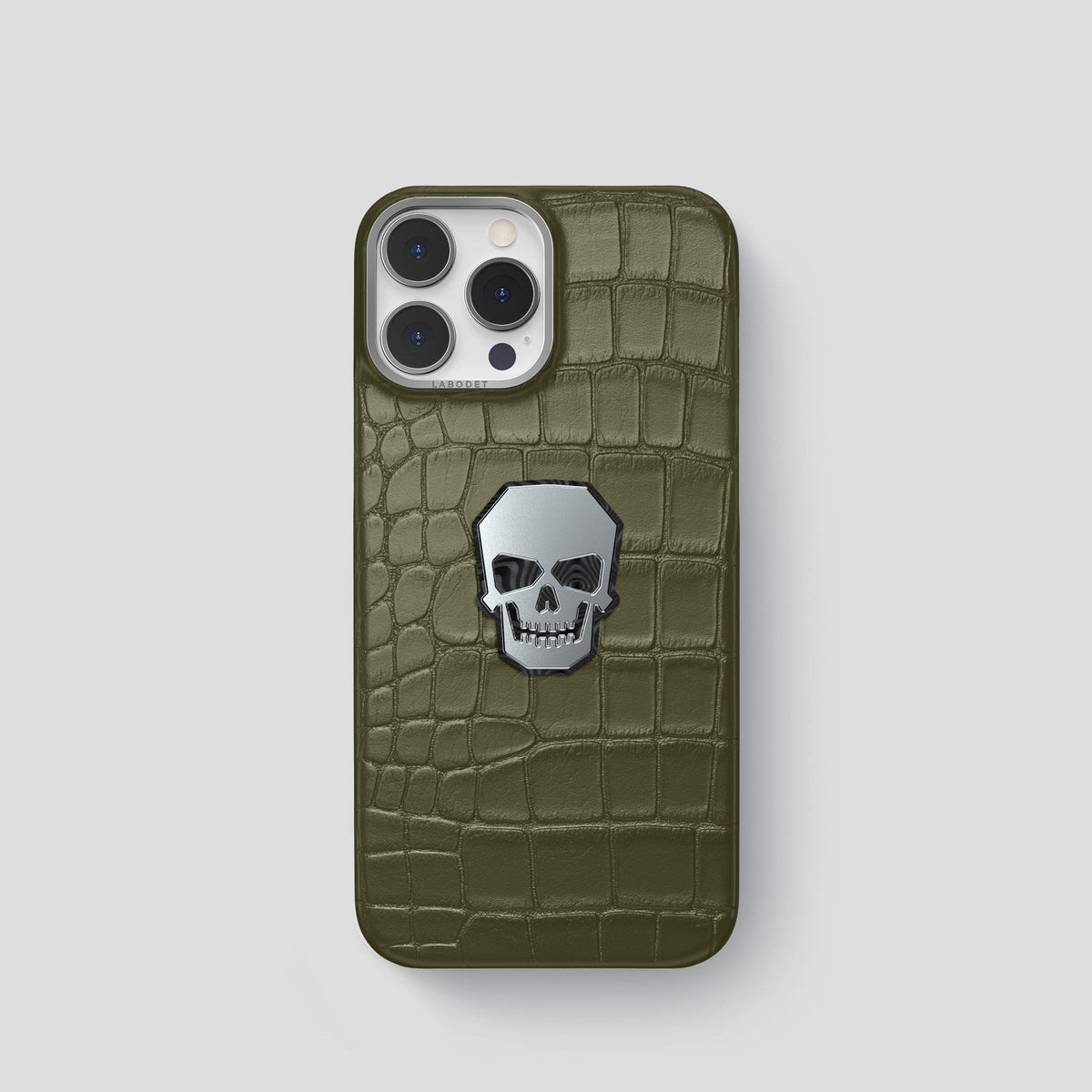 Kaki-Green iPhone 15 Pro Classic Case With Titanium Skull Alligator with Steel Metal -1 | Kaki-Green-Steel