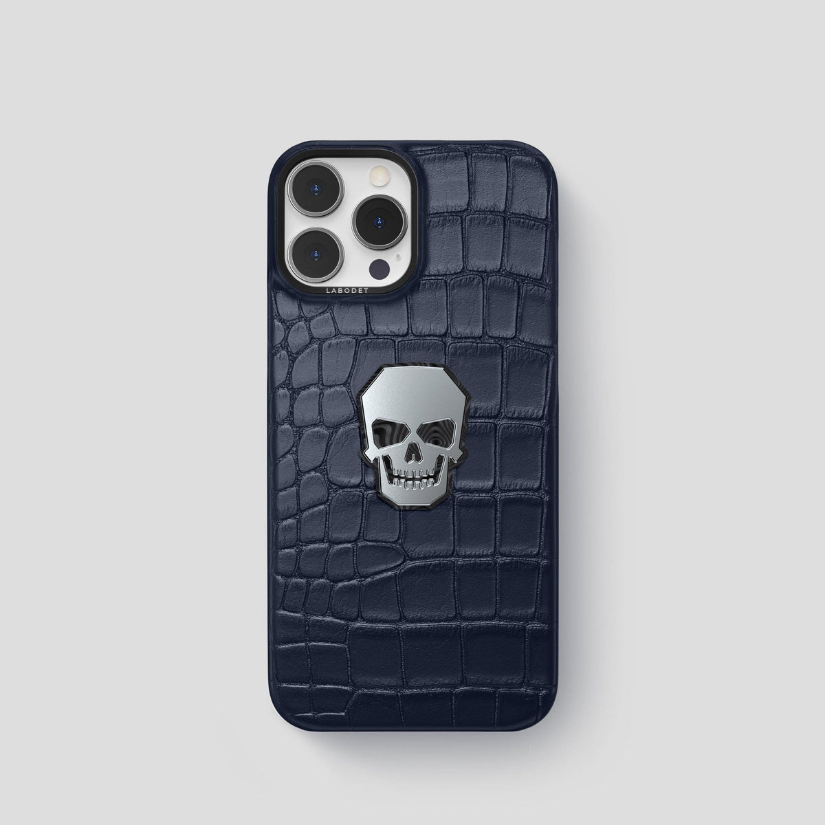 Navy Blue iPhone 15 Pro Classic Case With Titanium Skull Alligator with Black Metal -1 | Navy-Blue-Black
