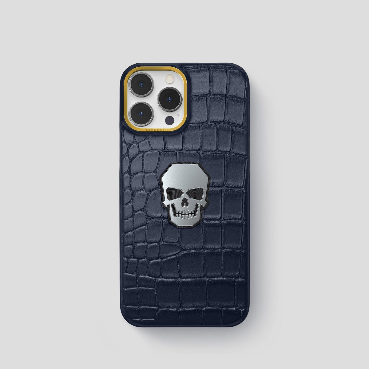 Navy Blue iPhone 15 Pro Classic Case With Titanium Skull Alligator with Gold Metal -1 | Navy-Blue-Gold