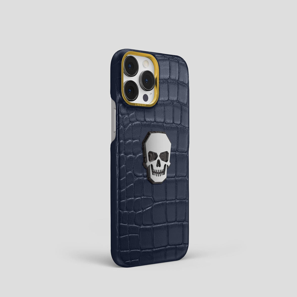 Navy Blue iPhone 15 Pro Classic Case With Titanium Skull Alligator with Gold Metal -2 | Navy-Blue-Gold