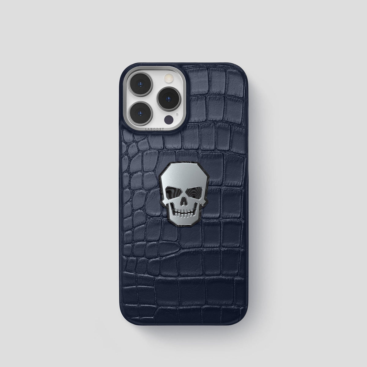 Navy Blue iPhone 15 Pro Classic Case With Titanium Skull Alligator with Steel Metal -1 | Navy-Blue-Steel
