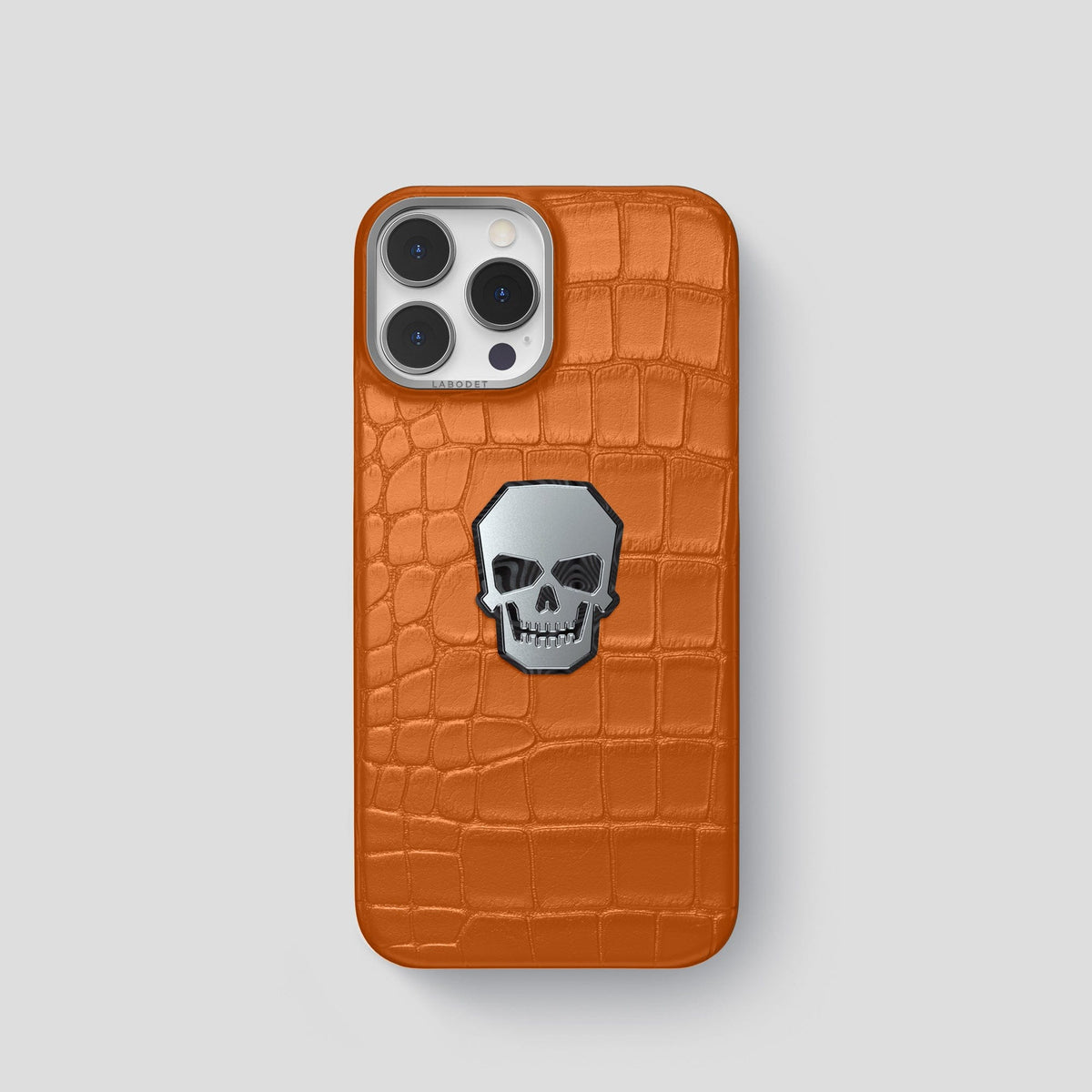 Orange iPhone 15 Pro Classic Case With Titanium Skull Alligator with Steel Metal -1 | Orange-Steel