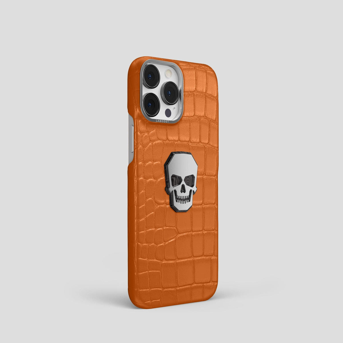 Orange iPhone 15 Pro Classic Case With Titanium Skull Alligator with Steel Metal -2 | Orange-Steel